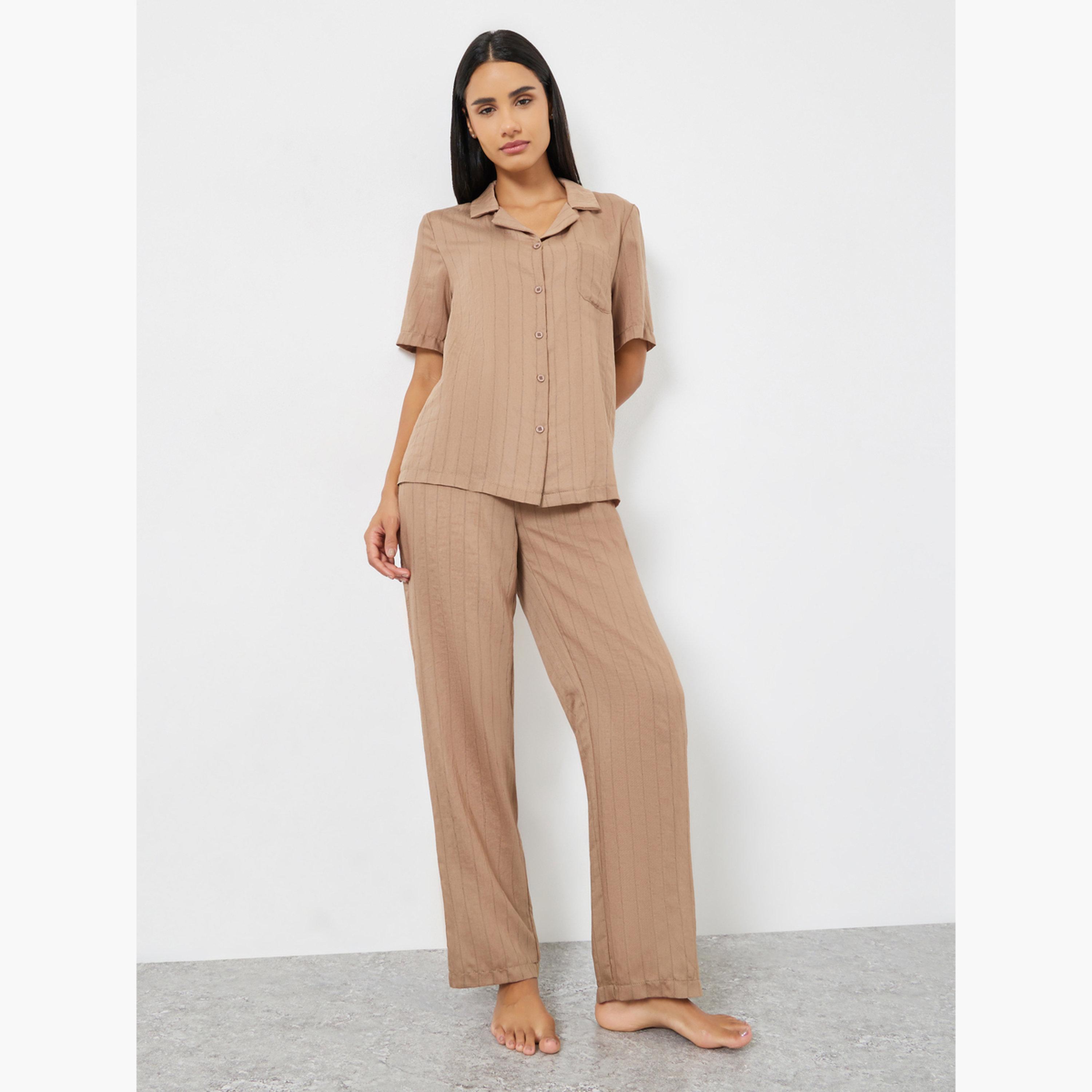 Styli Textured Striped Buttoned Viscose Shirt and Pyjama Set-women-clothing-nightwear-pyjamas-longsets-image-1