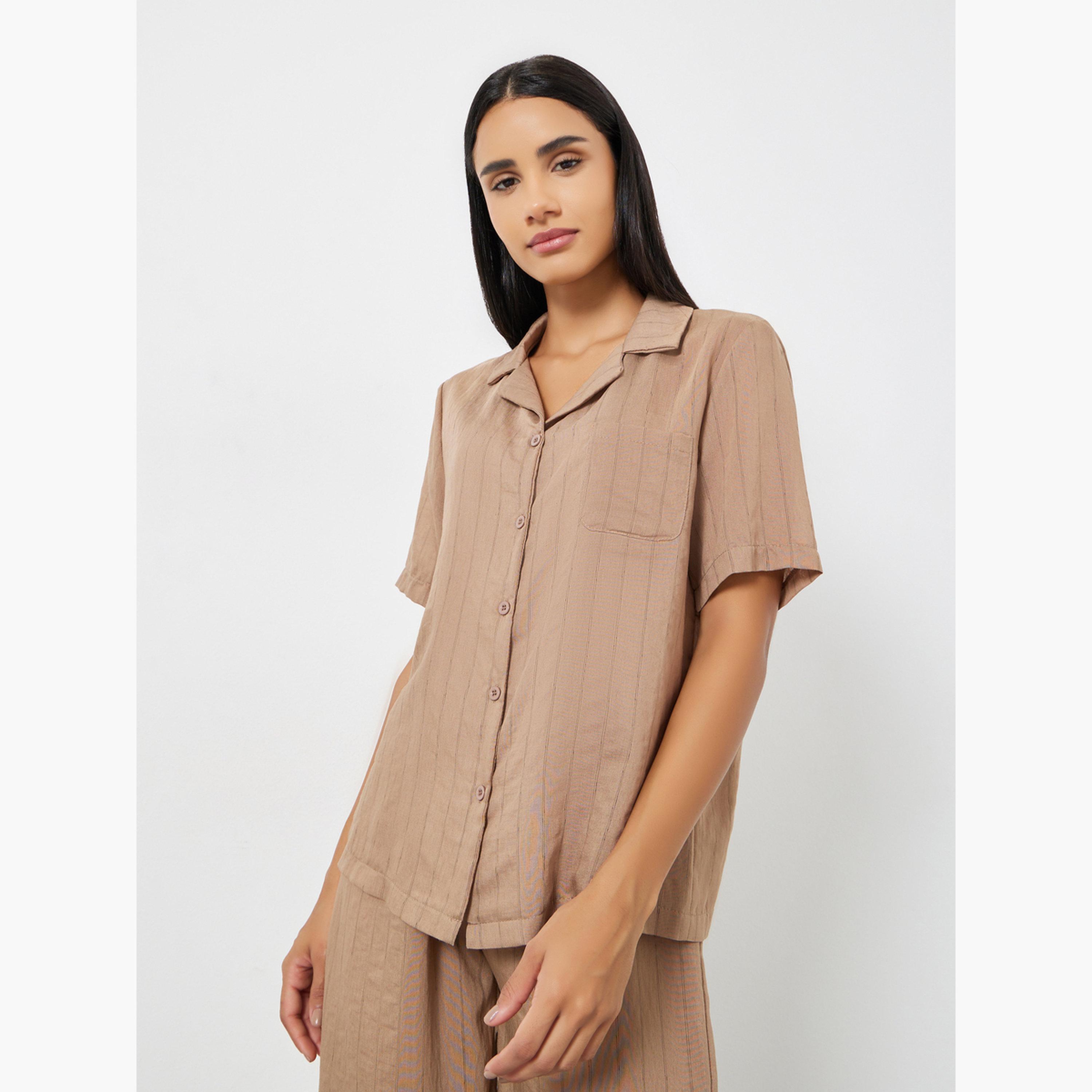 Styli Textured Striped Buttoned Viscose Shirt and Pyjama Set-women-clothing-nightwear-pyjamas-longsets-image-2