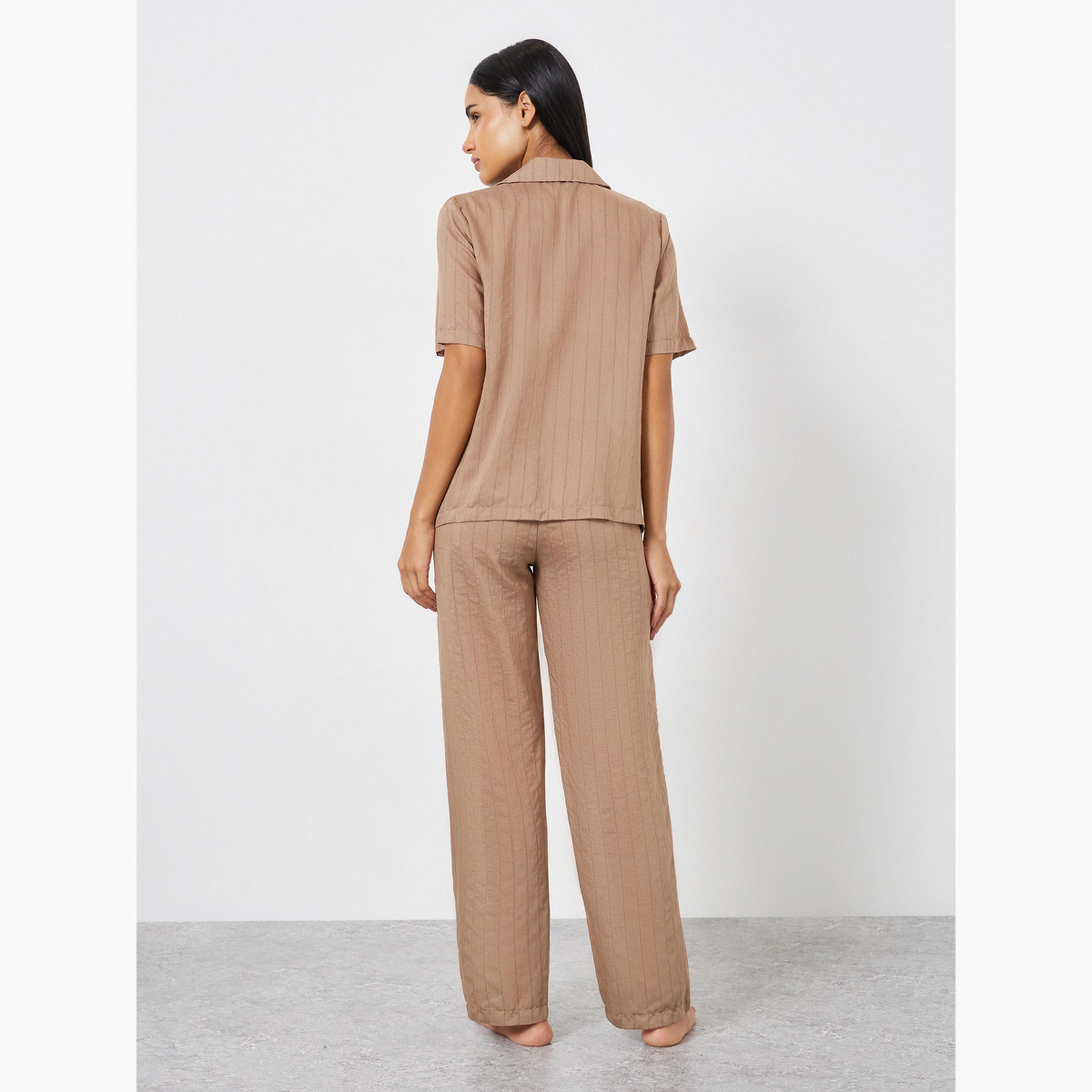 Styli Textured Striped Buttoned Viscose Shirt and Pyjama Set-women-clothing-nightwear-pyjamas-longsets-image-3