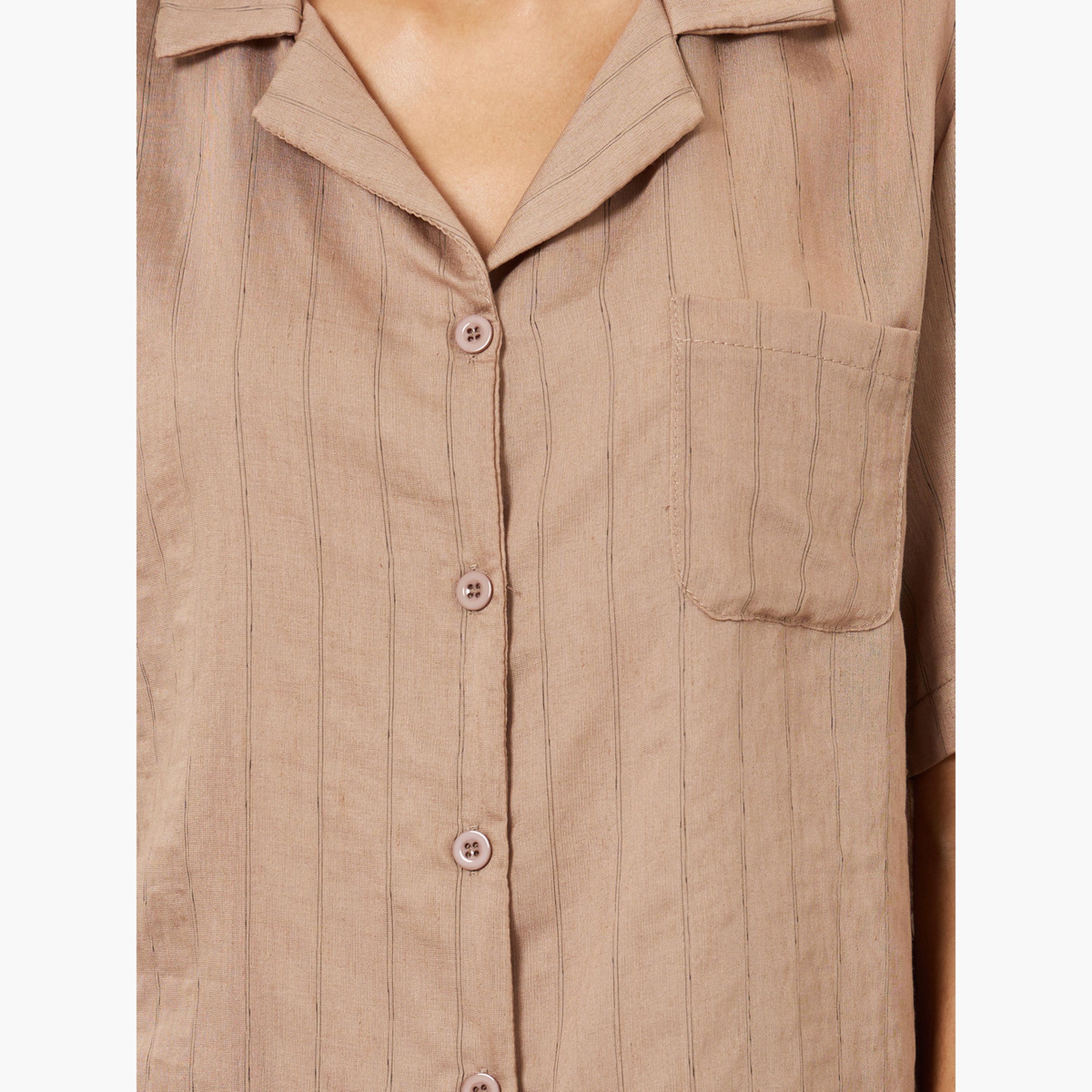 Styli Textured Striped Buttoned Viscose Shirt and Pyjama Set-women-clothing-nightwear-pyjamas-longsets-image-5