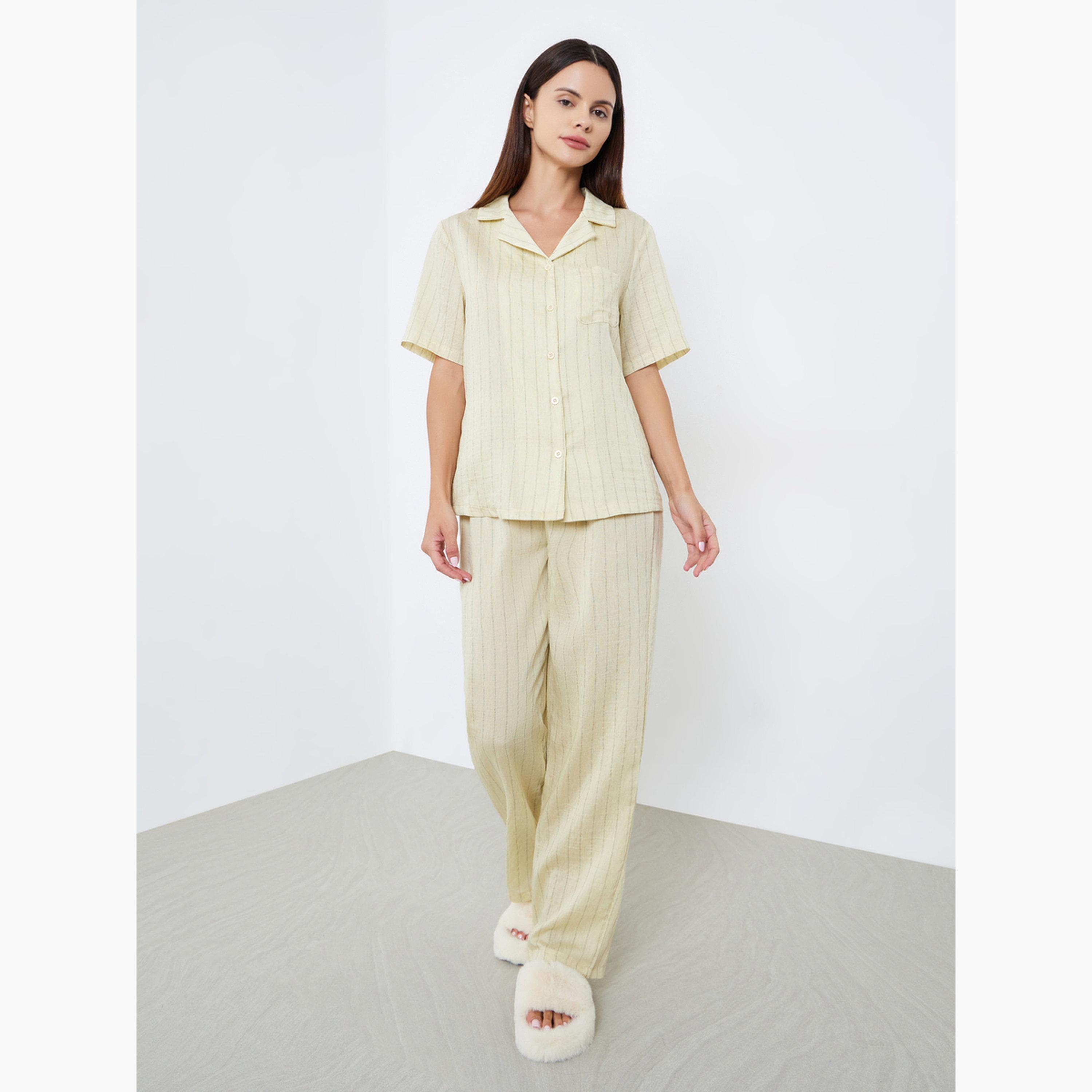 ستايلي - بيجاما فيسكوز مخطط مزخرف بأزرار-women-clothing-nightwear-pyjamas-longsets-image-1