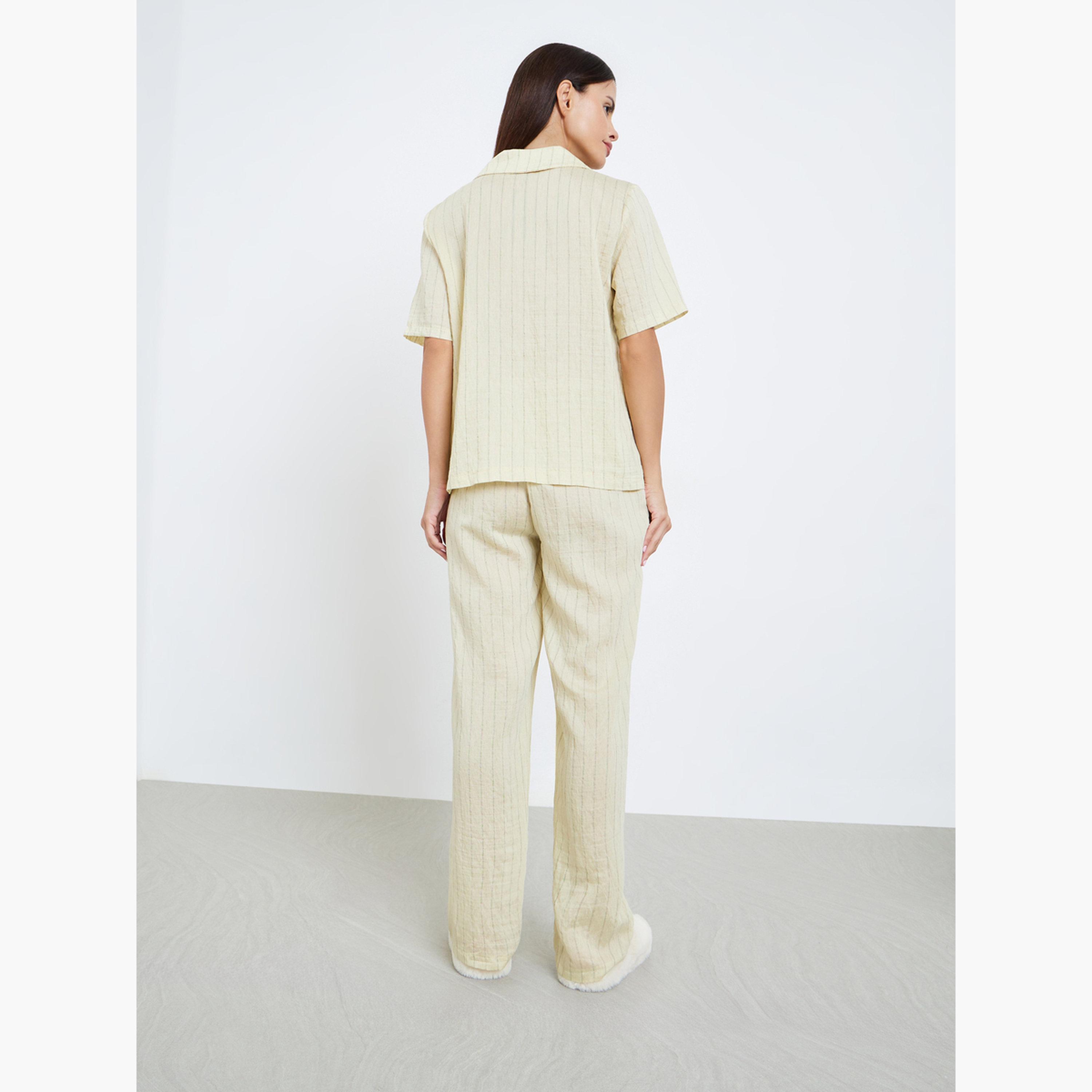 ستايلي - بيجاما فيسكوز مخطط مزخرف بأزرار-women-clothing-nightwear-pyjamas-longsets-image-3