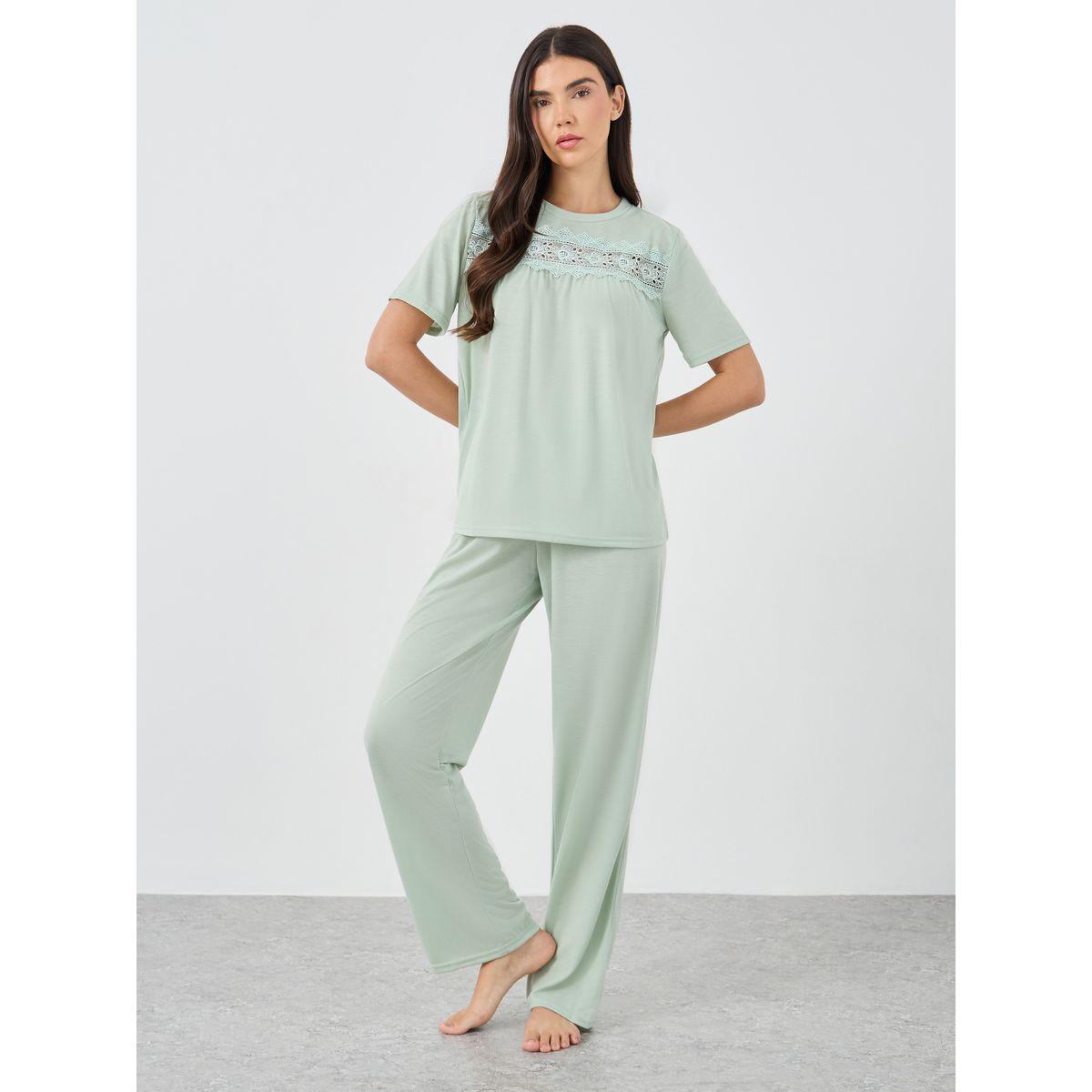Styli Lace Insert Short Sleeve T-Shirt and Pyjama Set-women-clothing-nightwear-pyjamas-longsets-image-1