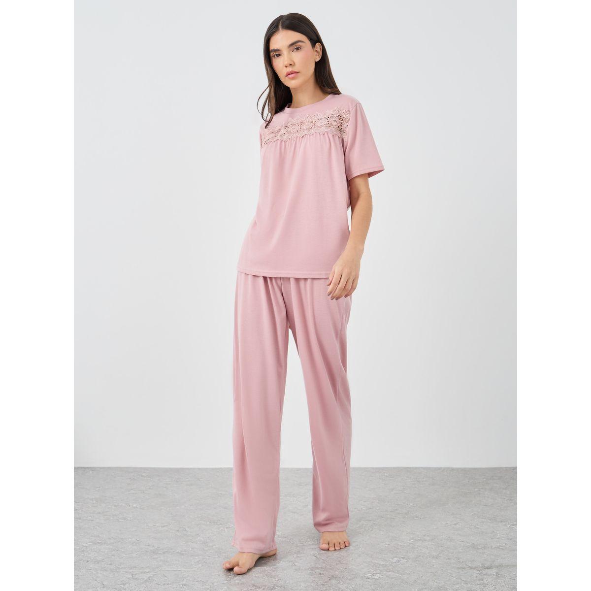 Styli Lace Insert Round Neck T-Shirt and Pyjama Set-women-clothing-nightwear-pyjamas-longsets-image-2