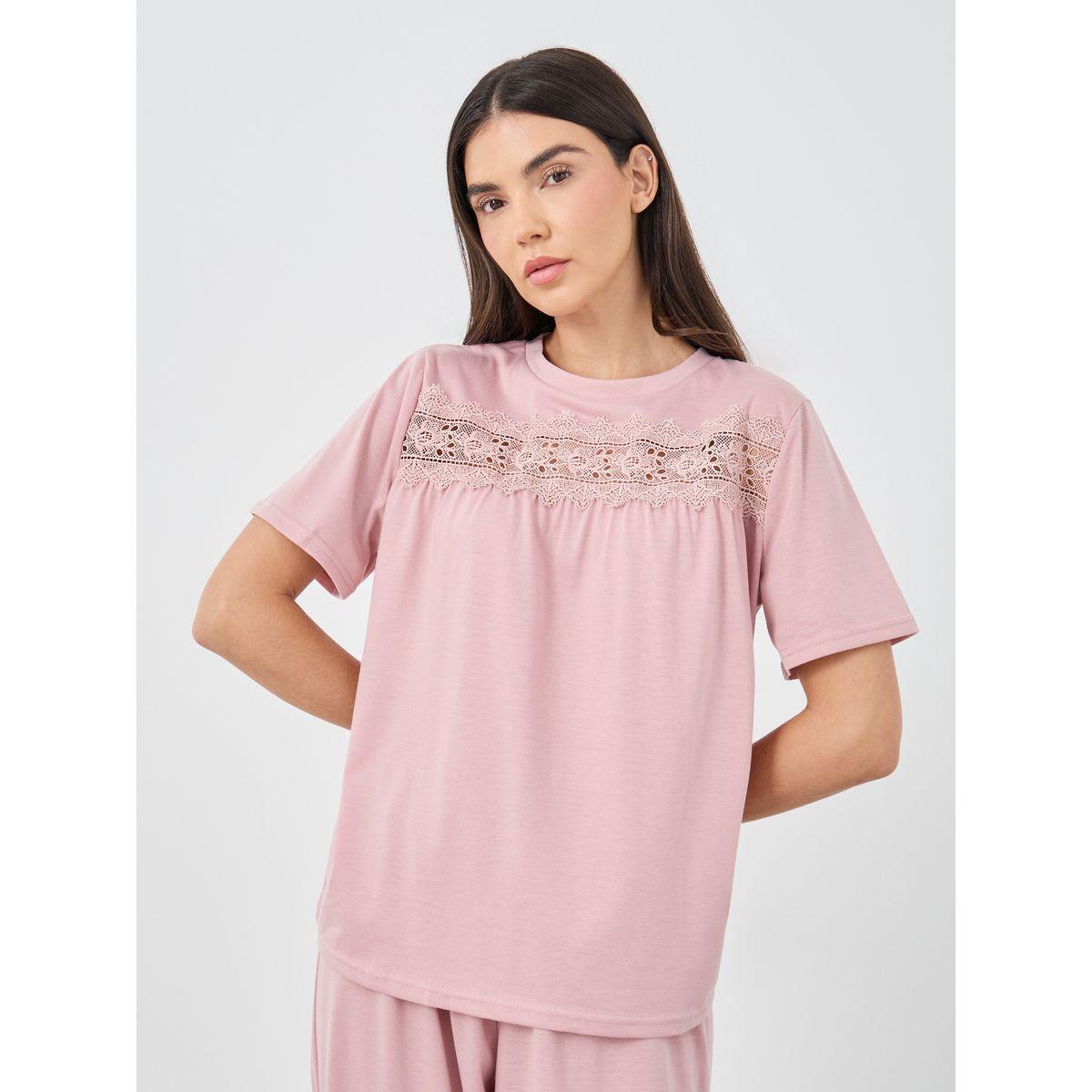 Styli Lace Insert Round Neck T-Shirt and Pyjama Set-women-clothing-nightwear-pyjamas-longsets-image-3