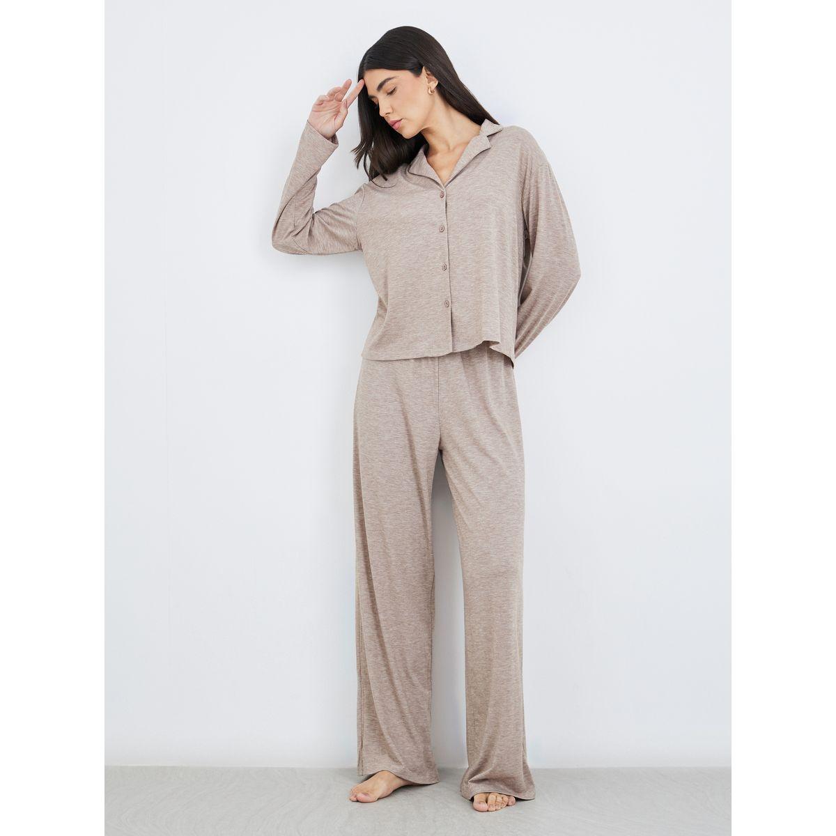 طقم بيجاما من بنطال وبلوزة ميلانج بأزرار غلق-women-clothing-nightwear-pyjamas-longsets-image-1