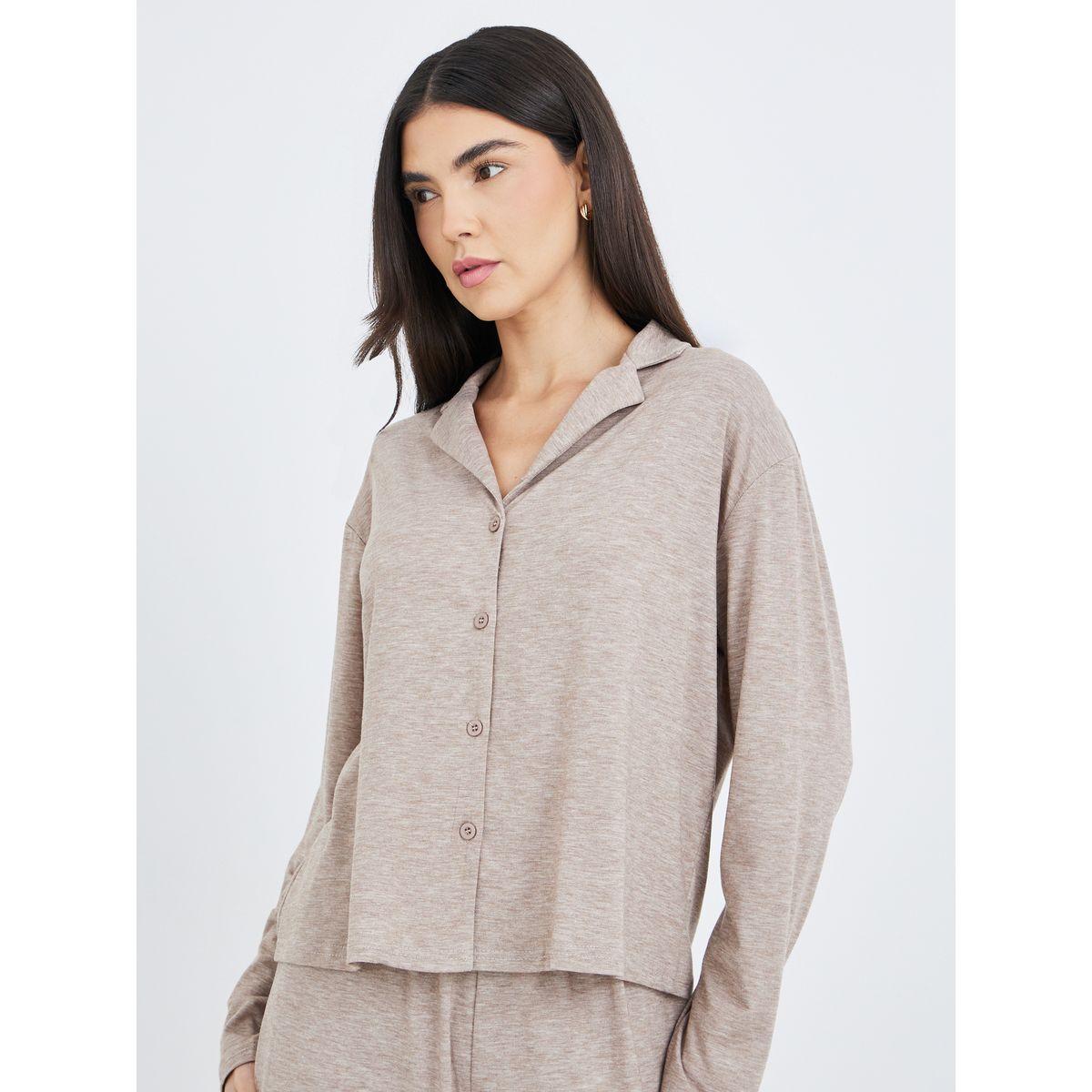 طقم بيجاما من بنطال وبلوزة ميلانج بأزرار غلق-women-clothing-nightwear-pyjamas-longsets-image-2