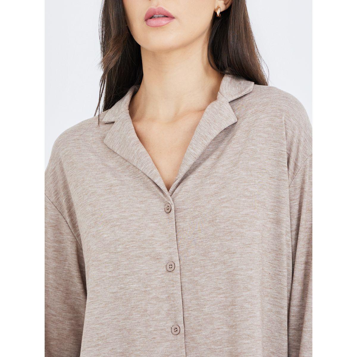 طقم بيجاما من بنطال وبلوزة ميلانج بأزرار غلق-women-clothing-nightwear-pyjamas-longsets-image-3