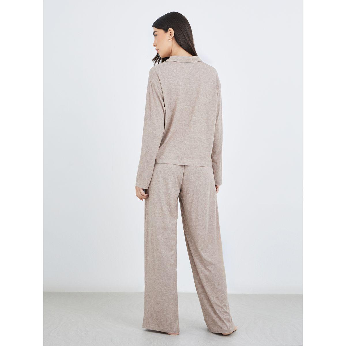 طقم بيجاما من بنطال وبلوزة ميلانج بأزرار غلق-women-clothing-nightwear-pyjamas-longsets-image-5