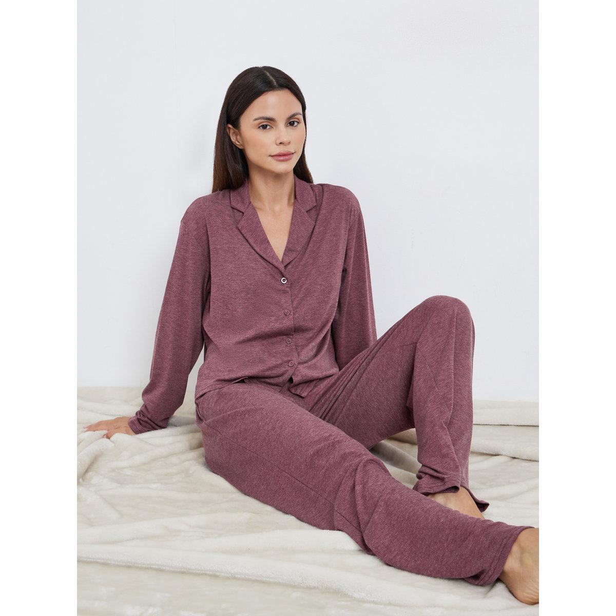 ستايلي - بيجاما قميص محبوك لون عنابي-women-clothing-nightwear-pyjamas-longsets-image-1
