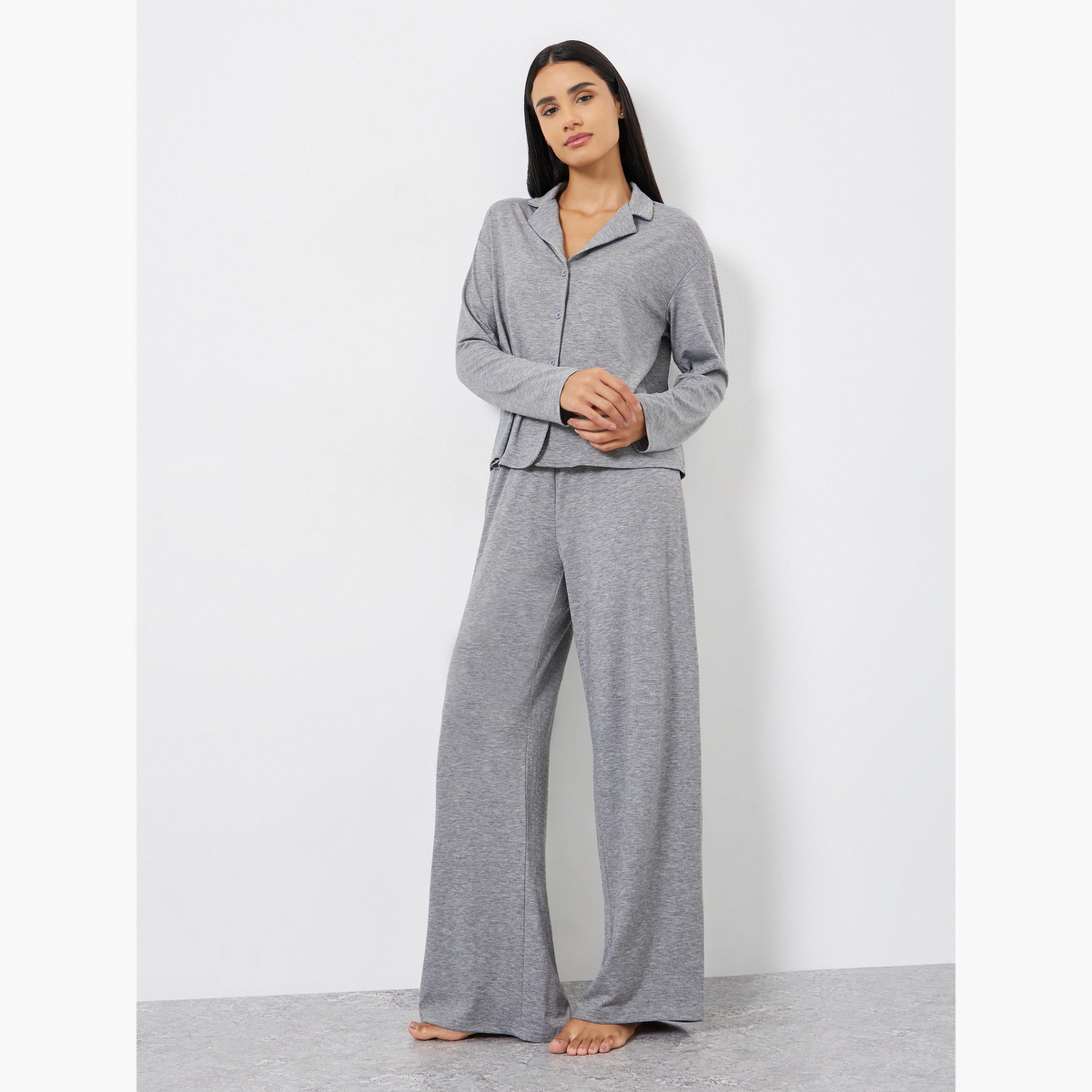 Styli Melange Long Sleeve Shirt and Wide Leg Pyjama Set-women-clothing-nightwear-pyjamas-longsets-image-1