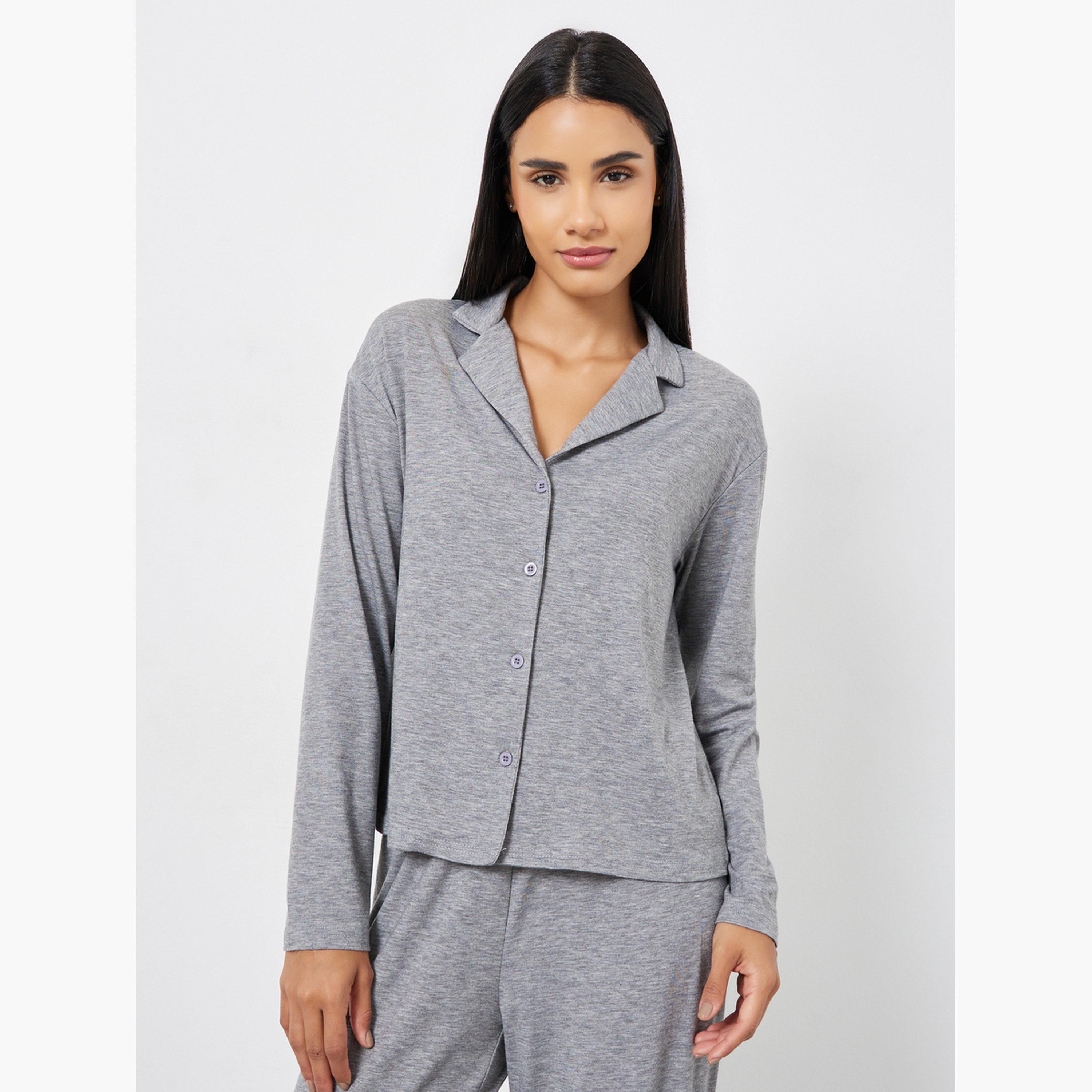 Styli Melange Long Sleeve Shirt and Wide Leg Pyjama Set-women-clothing-nightwear-pyjamas-longsets-image-2