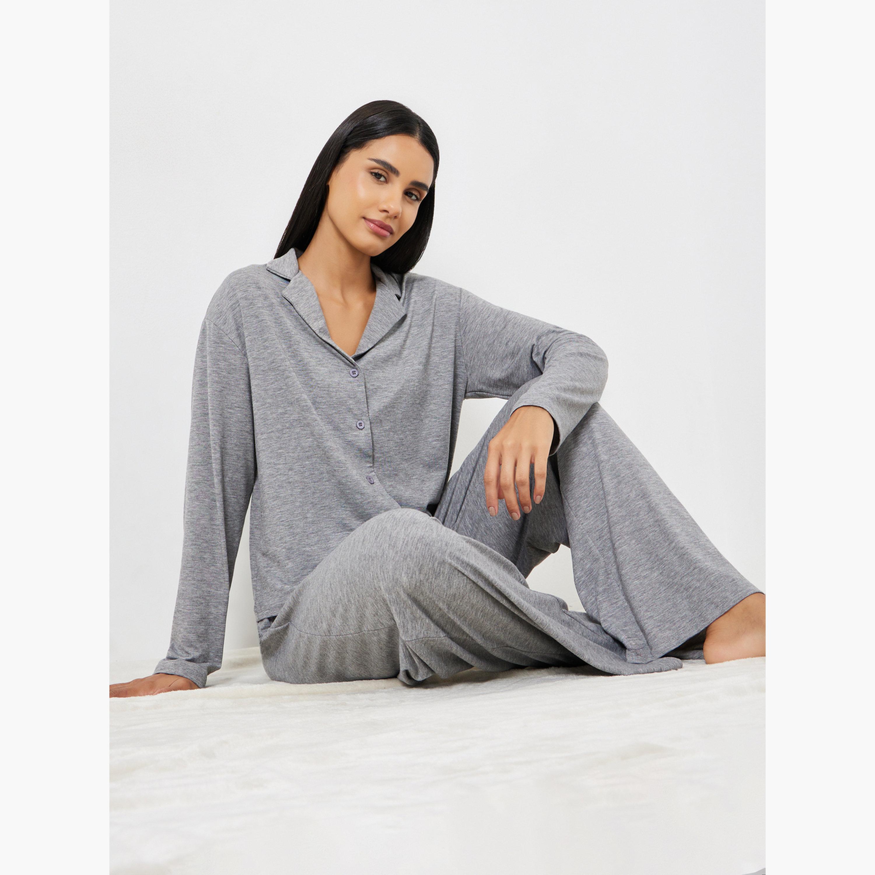 Styli Melange Long Sleeve Shirt and Wide Leg Pyjama Set-women-clothing-nightwear-pyjamas-longsets-image-6