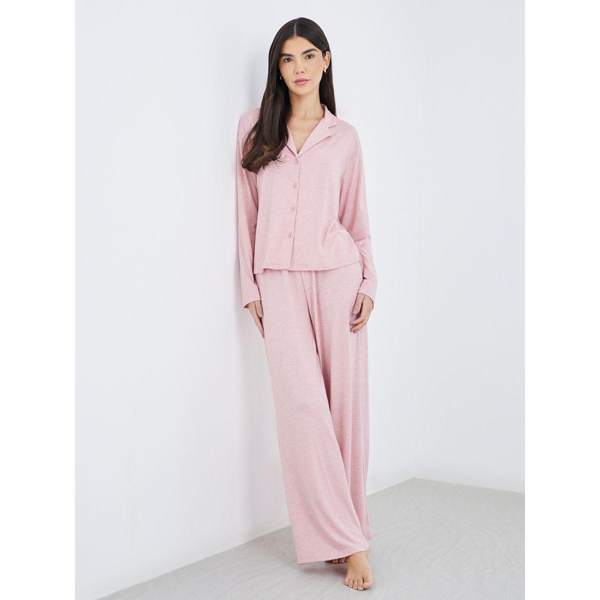 طقم من بنطال بيجاما وبلزوة بنسيج ميلانج-women-clothing-nightwear-pyjamas-longsets-image-1