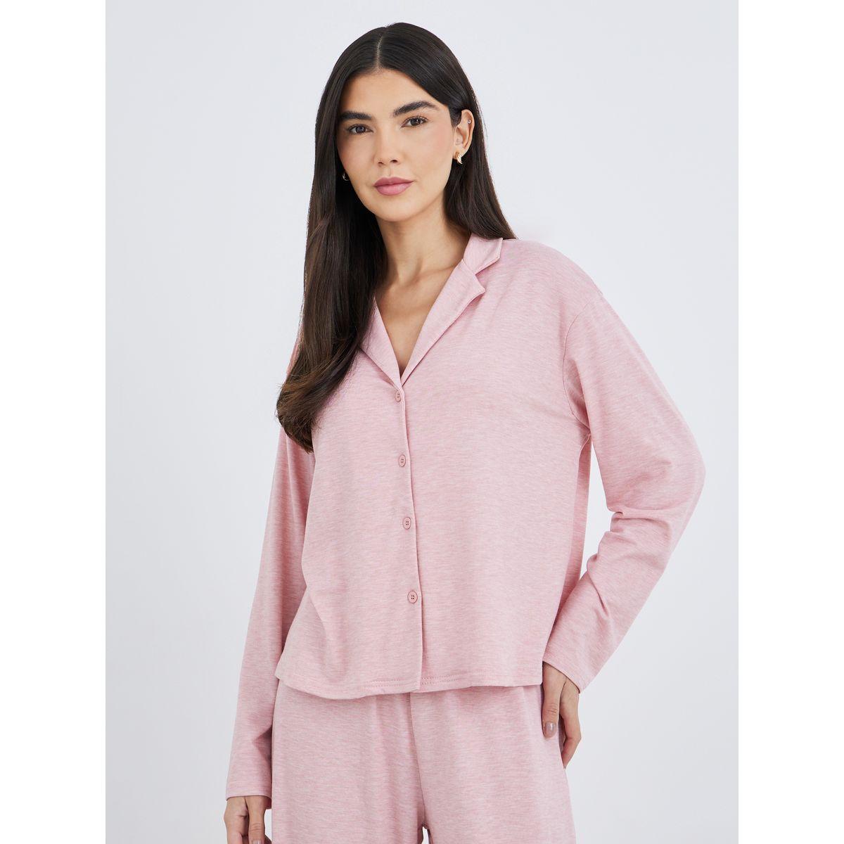 طقم من بنطال بيجاما وبلزوة بنسيج ميلانج-women-clothing-nightwear-pyjamas-longsets-image-2