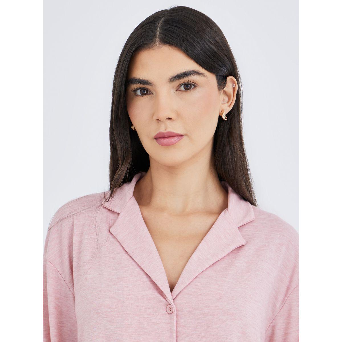 طقم من بنطال بيجاما وبلزوة بنسيج ميلانج-women-clothing-nightwear-pyjamas-longsets-image-3