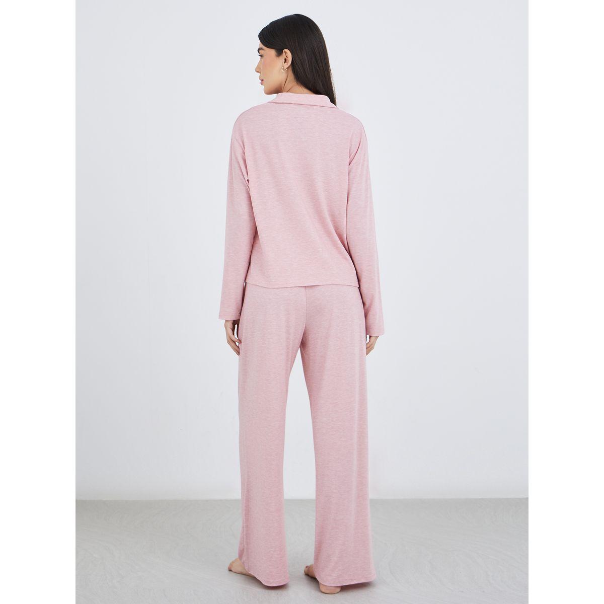 طقم من بنطال بيجاما وبلزوة بنسيج ميلانج-women-clothing-nightwear-pyjamas-longsets-image-5