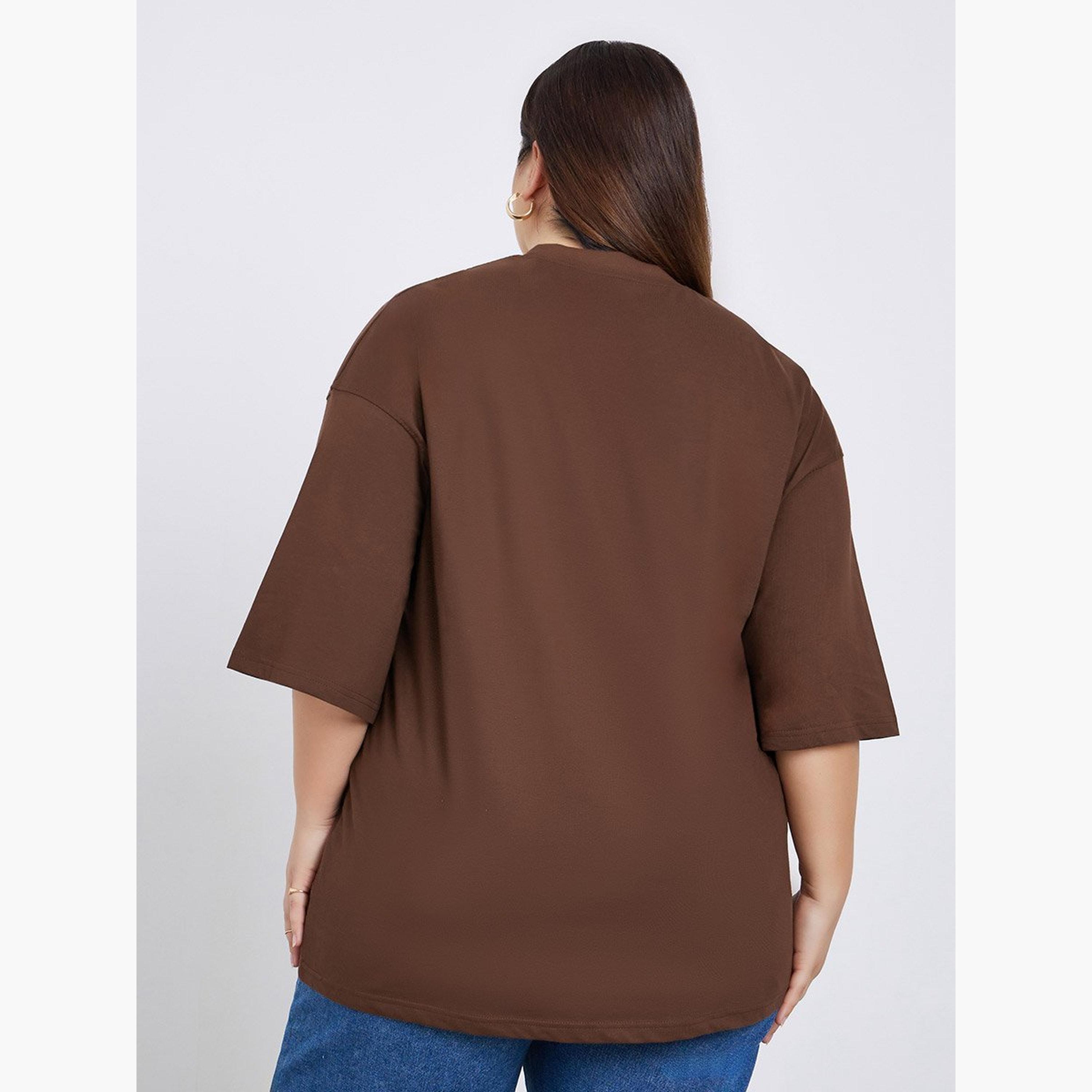 Styli Plus Size Brown Embroidered Slogan T-Shirt-women-clothing-tshirts-image-4