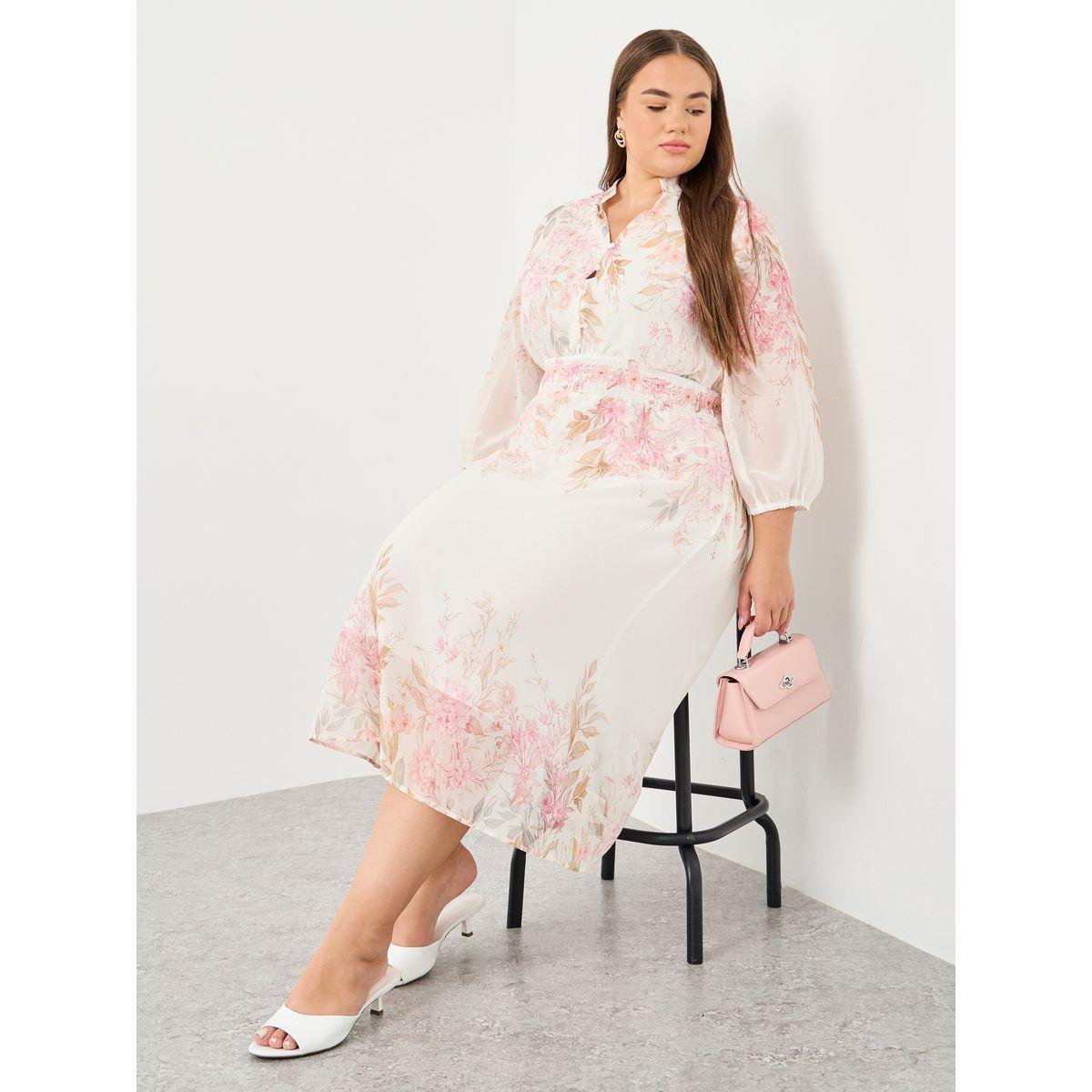 فستان ميدي بمقاس كبير بطبعة زهور-women-clothing-dresses-image-1