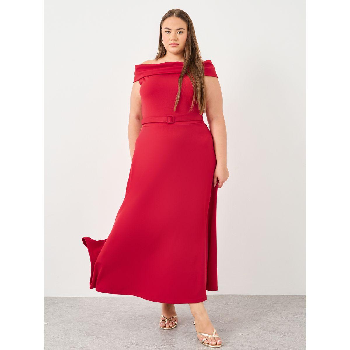 فستان طويل بمقاس كبير بأكتاف مكشوفة مع تفاصيل حزام-women-clothing-dresses-image-1