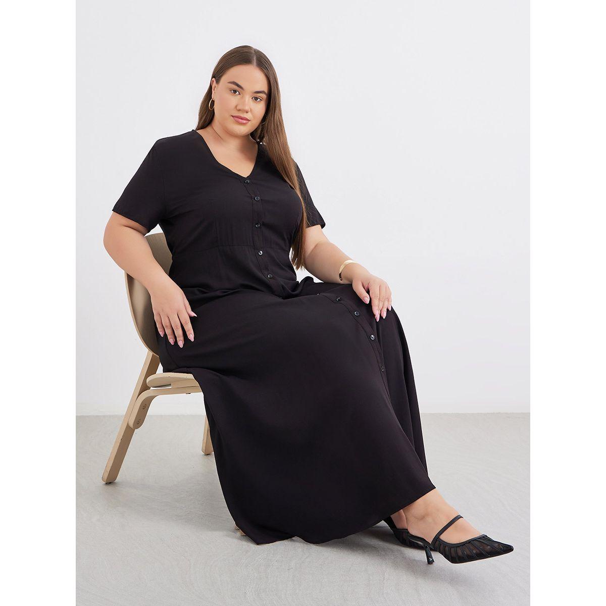 Styli Plus Black Maxi Dress with Button Closure-women-clothing-dresses-image-1