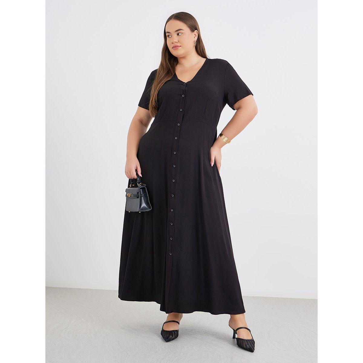 Styli Plus Black Maxi Dress with Button Closure-women-clothing-dresses-image-2