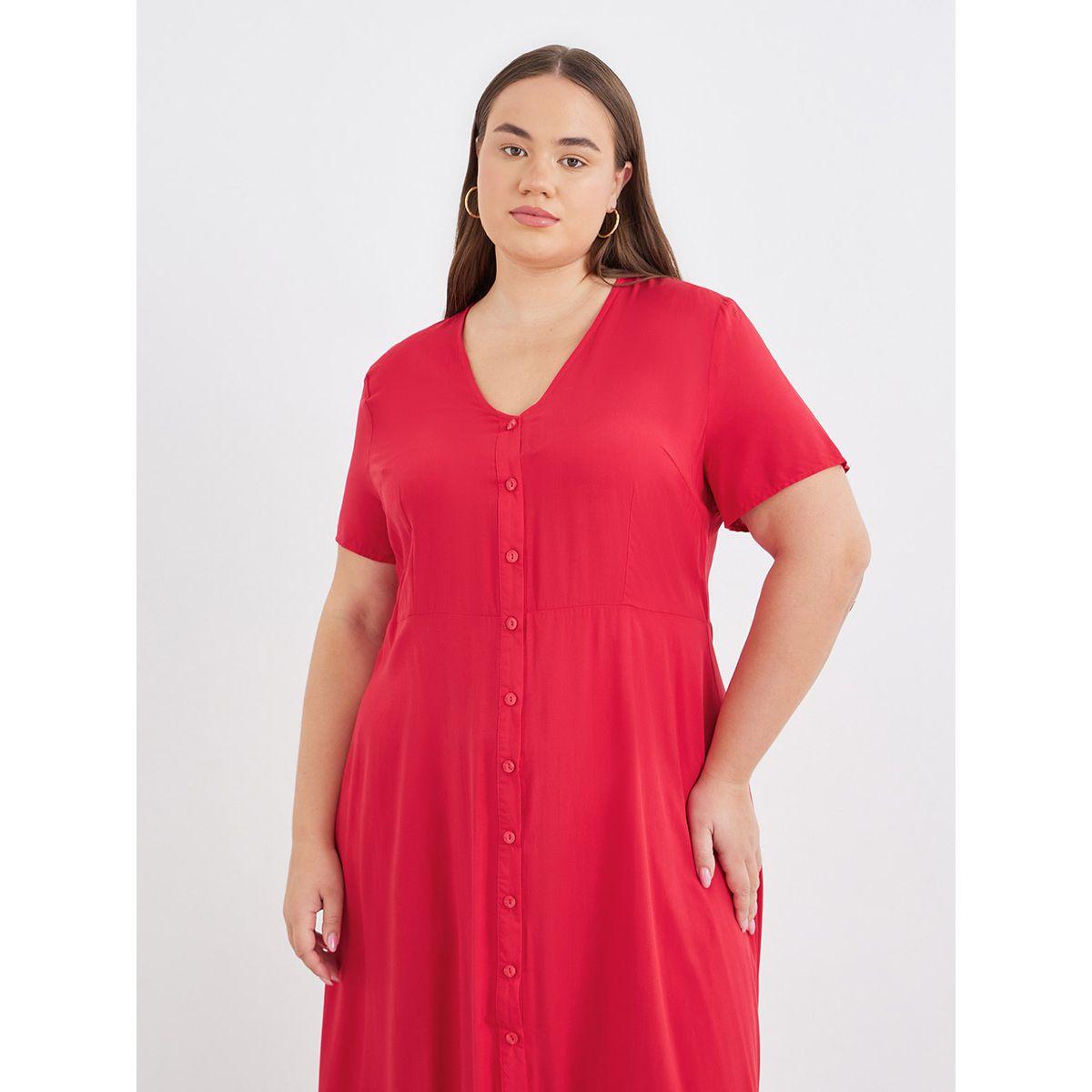 Styli Plus Red Maxi Dress with Button Closure-women-clothing-dresses-image-3