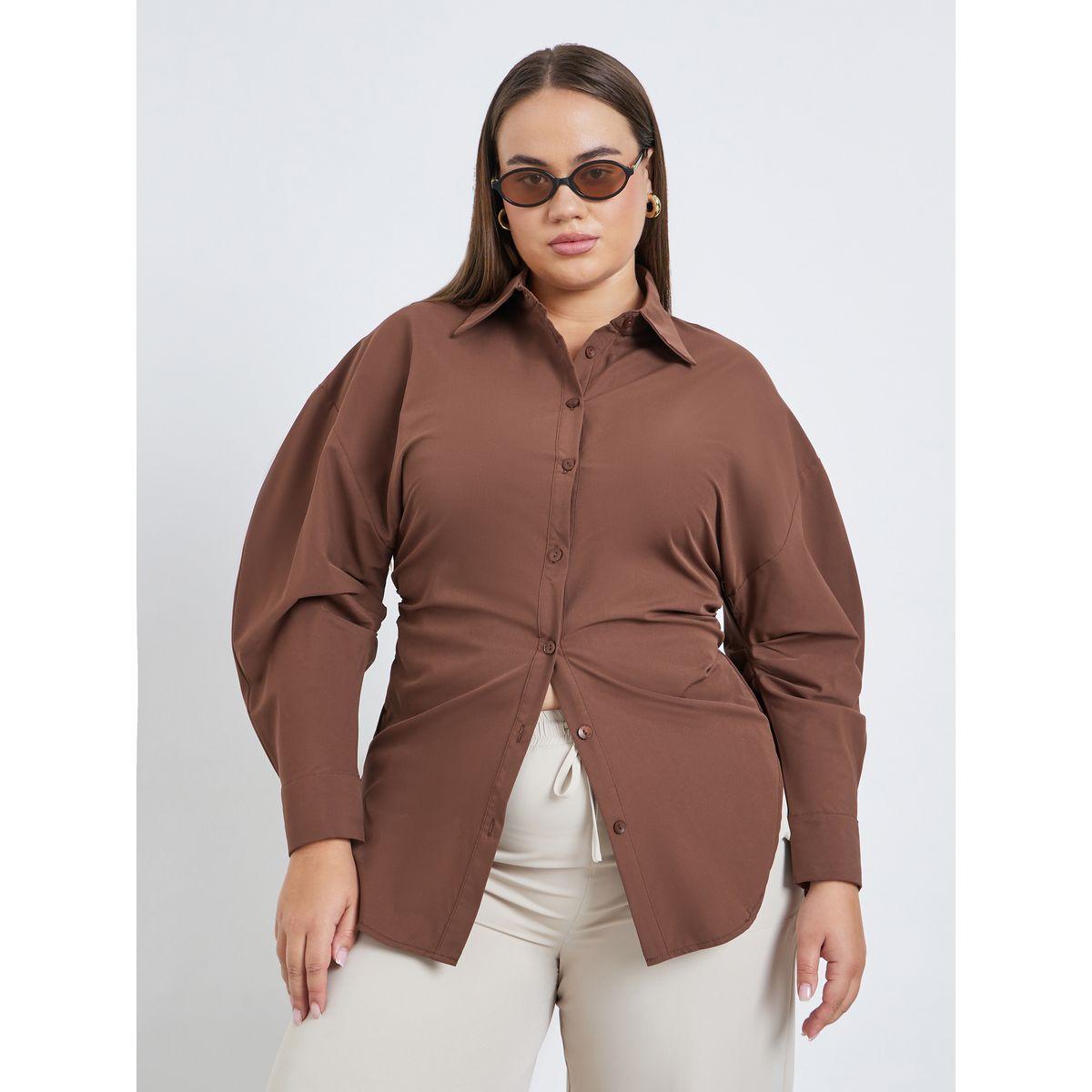 Styli Plus Brown Longline Fitted Shirt-women-clothing-shirtsandblouses-shirts-image-1