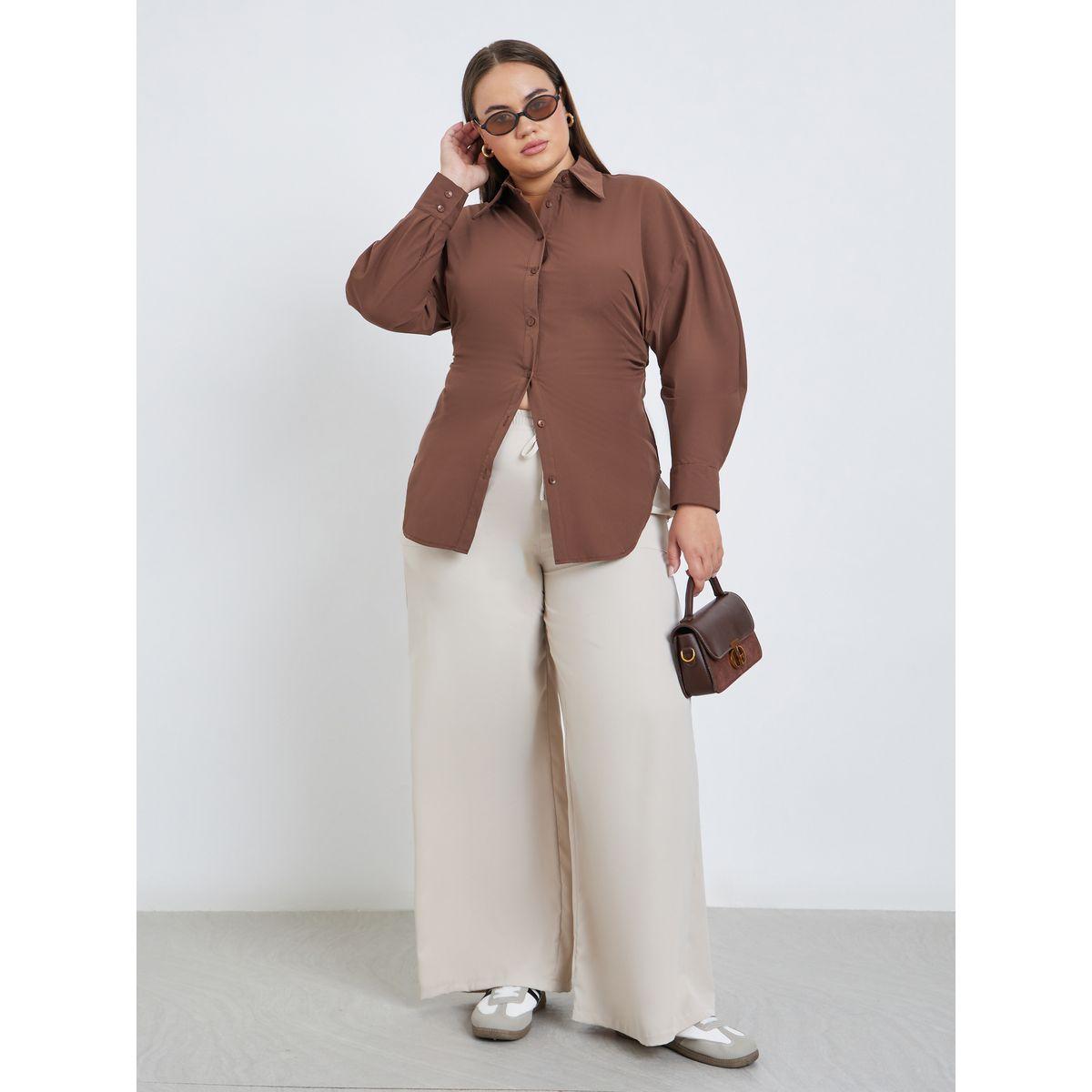 Styli Plus Brown Longline Fitted Shirt-women-clothing-shirtsandblouses-shirts-image-2