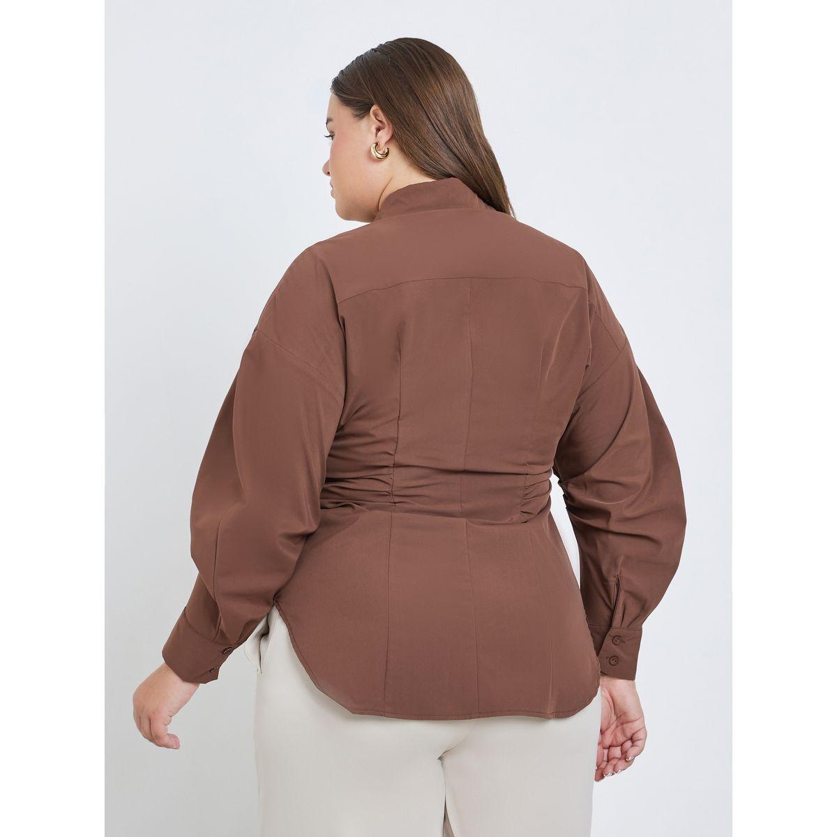 Styli Plus Brown Longline Fitted Shirt-women-clothing-shirtsandblouses-shirts-image-4