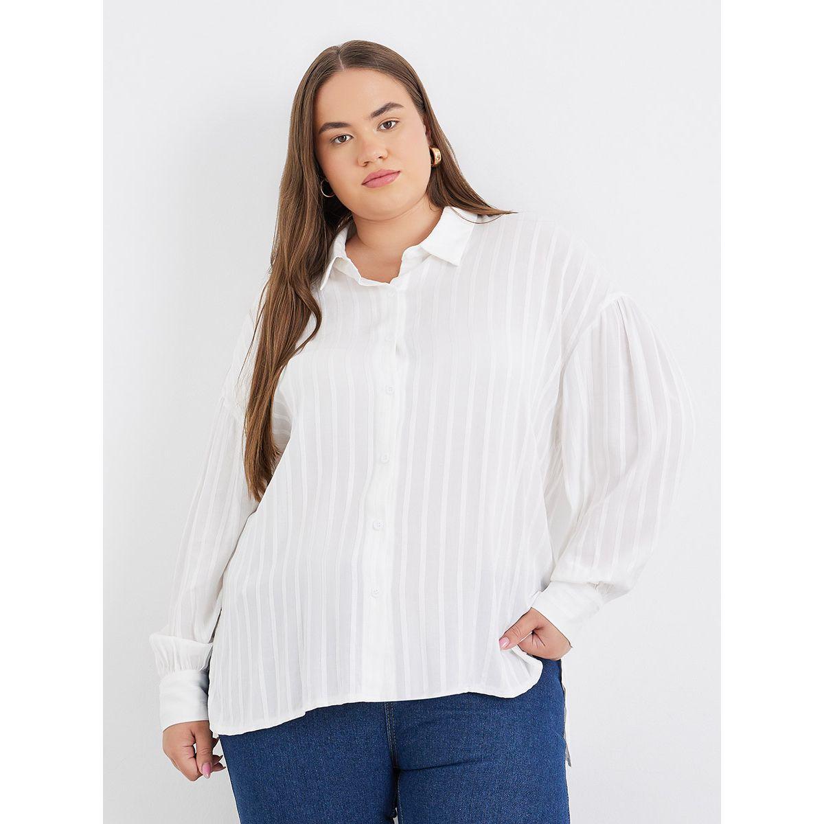 Styli Plus Longline Shirt with Textured Striped-women-clothing-shirtsandblouses-shirts-image-1