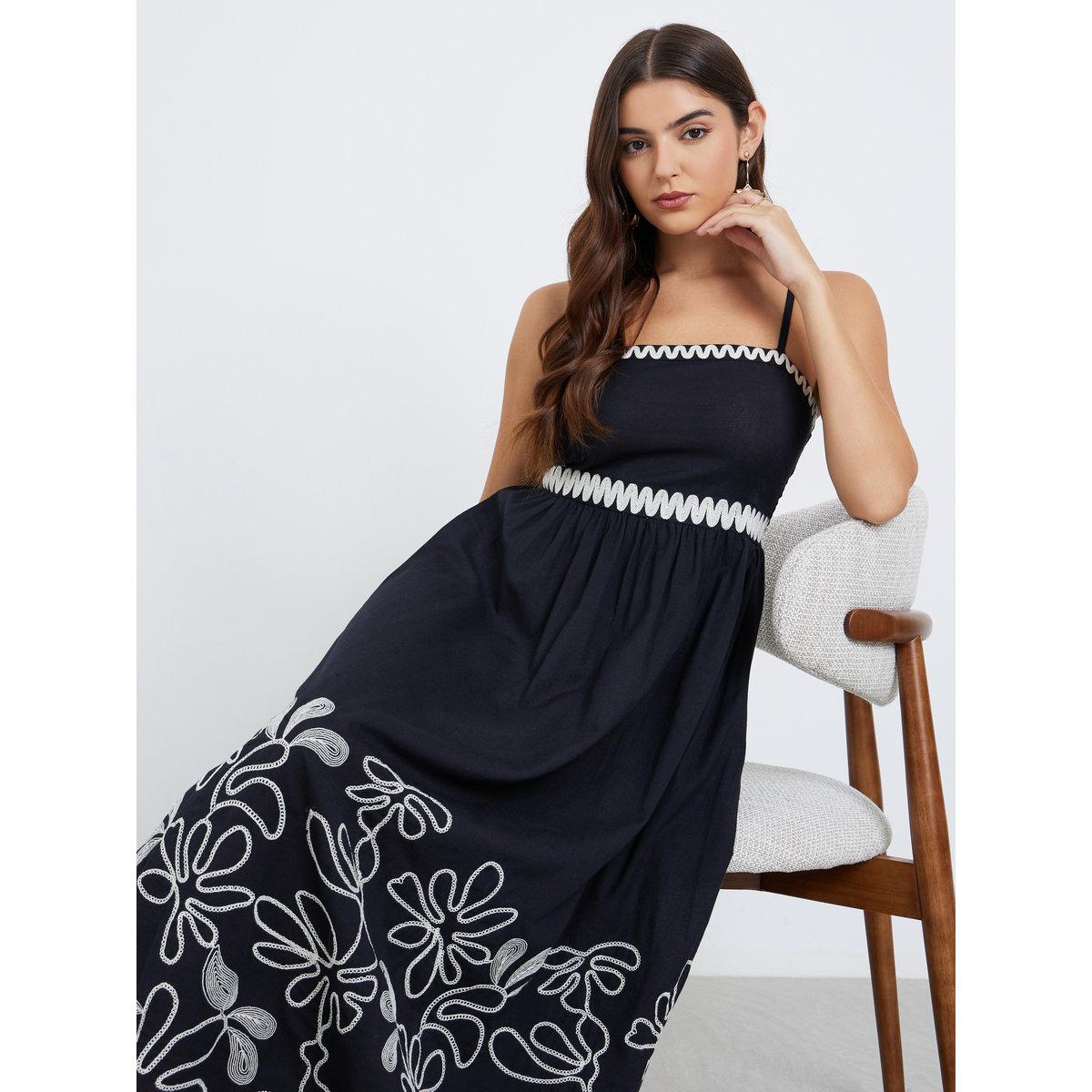 Styli Black Embroidered Strappy Maxi Dress-women-clothing-dresses-image-1