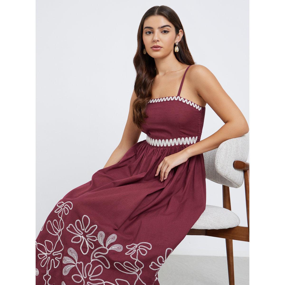 Buy Styli Red Embroidered Strappy Maxi Dress Online | Centrepoint UAE
