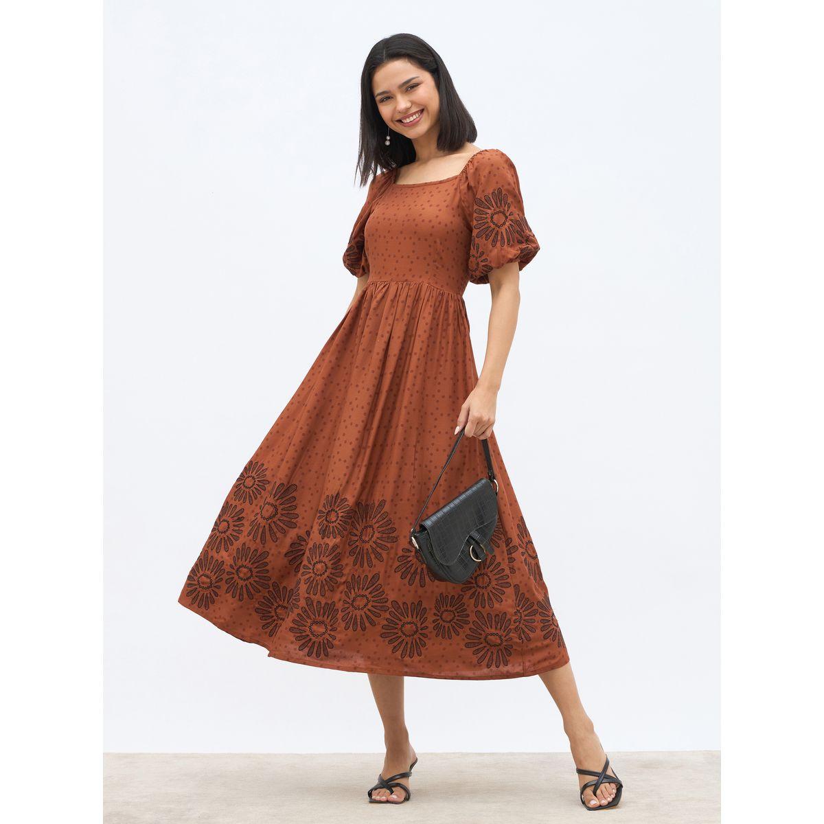 Styli Embroidered Puff Sleeves A-Line Midi Dress-women-clothing-dresses-image-1
