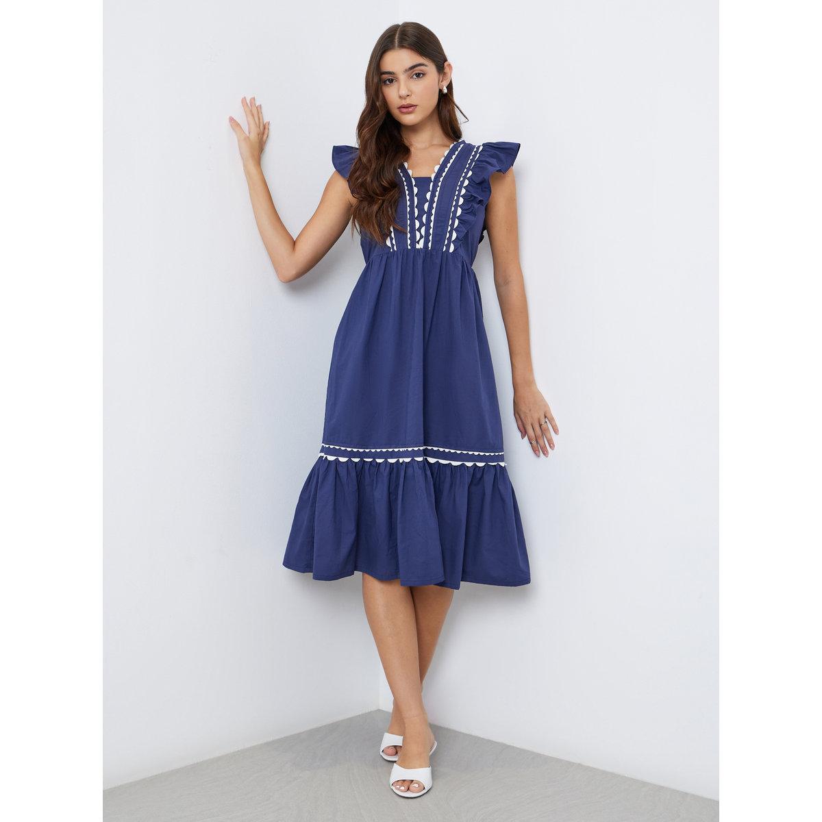 Styli Blue Ruffle Detail Midi Dress-women-clothing-dresses-image-1