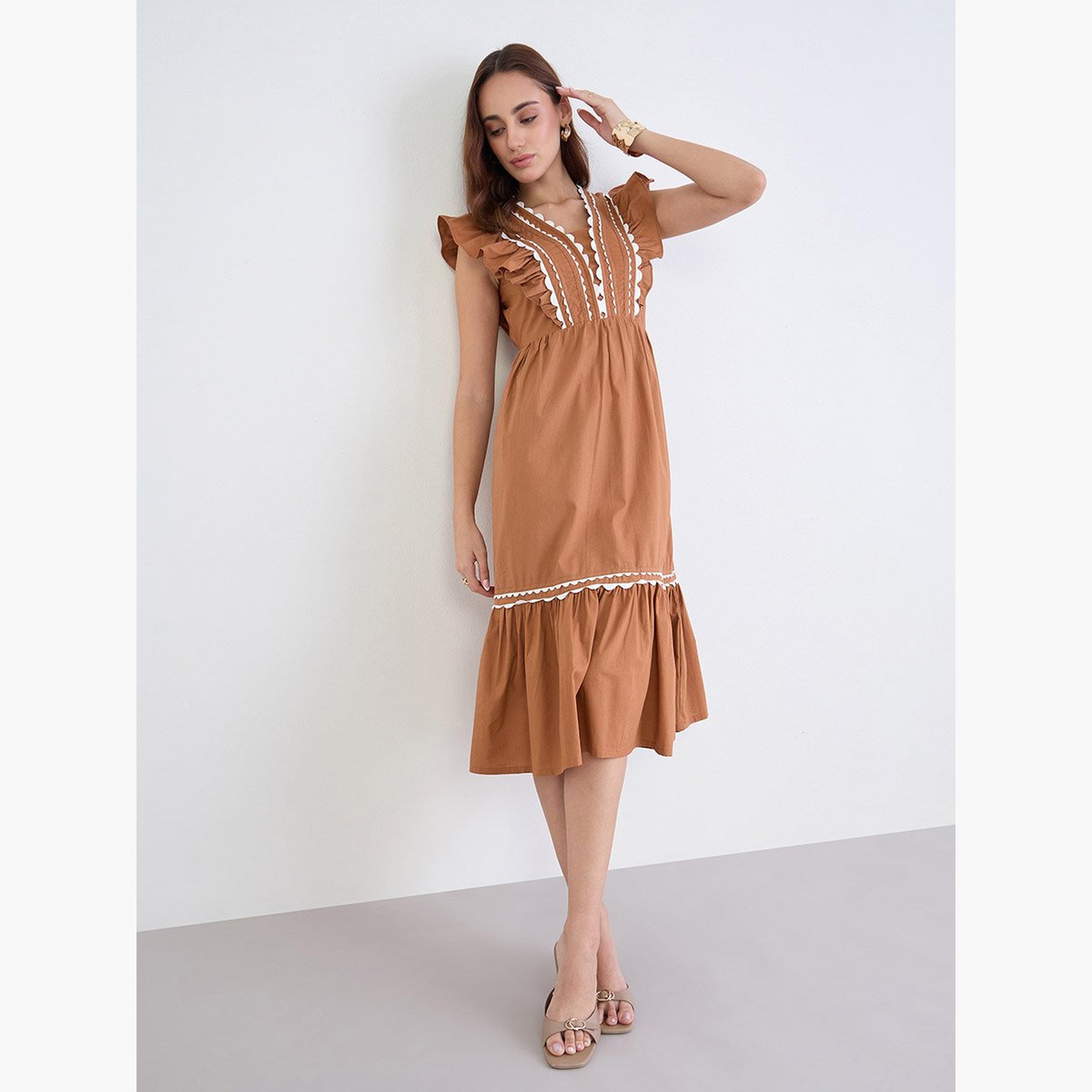 Styli Brown Ruffle Detail Midi Dress-women-clothing-dresses-image-1