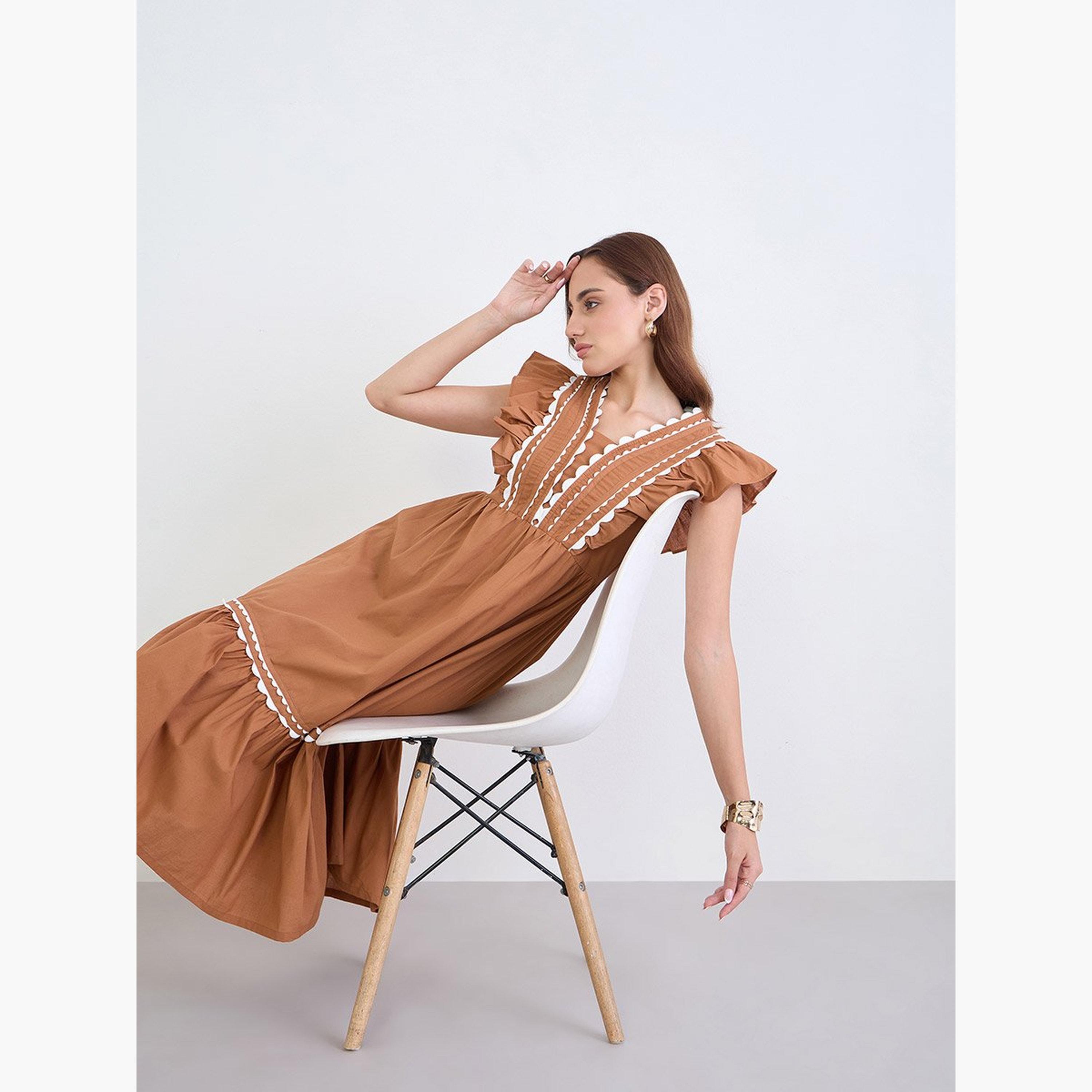 Styli Brown Ruffle Detail Midi Dress-women-clothing-dresses-image-2