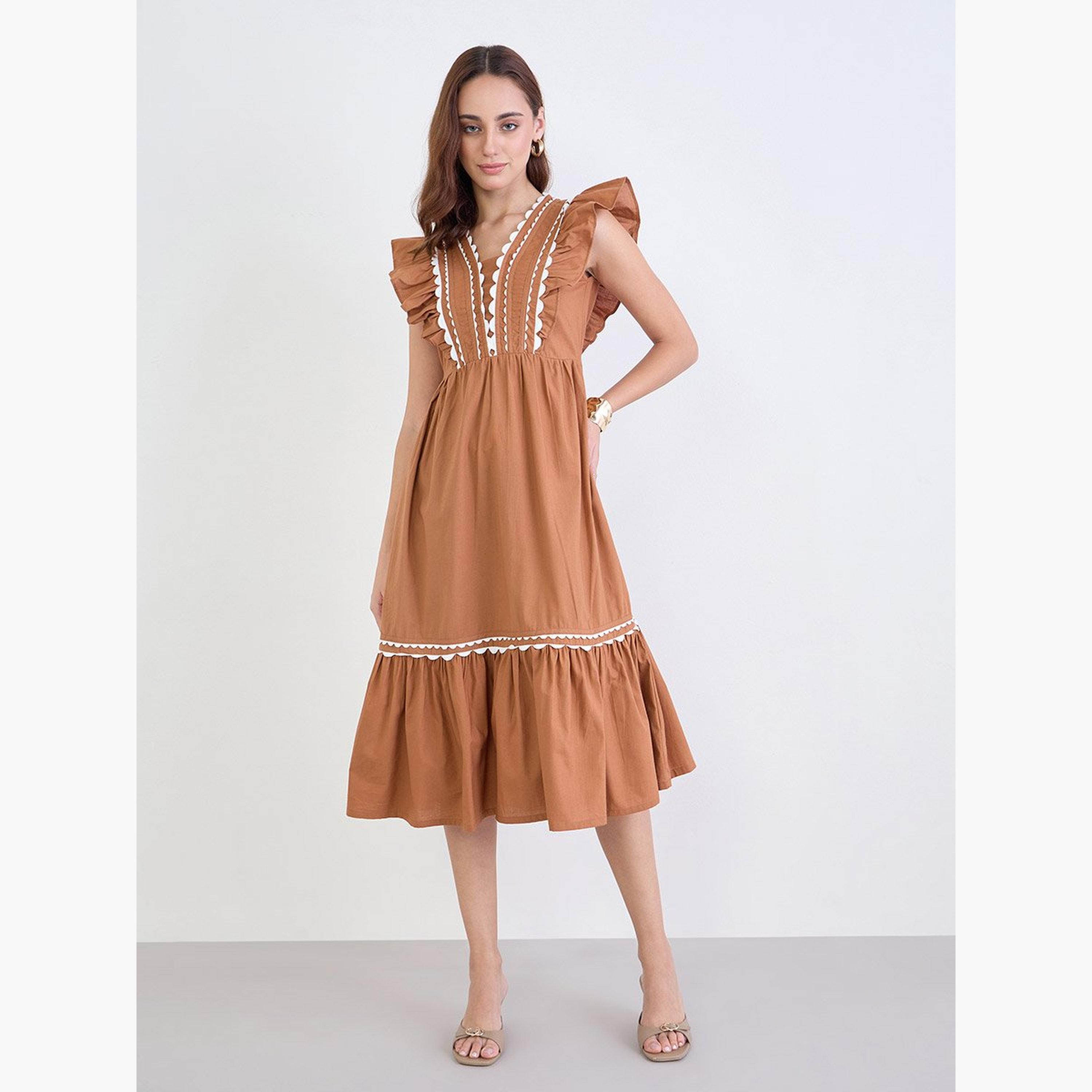 Styli Brown Ruffle Detail Midi Dress-women-clothing-dresses-image-3