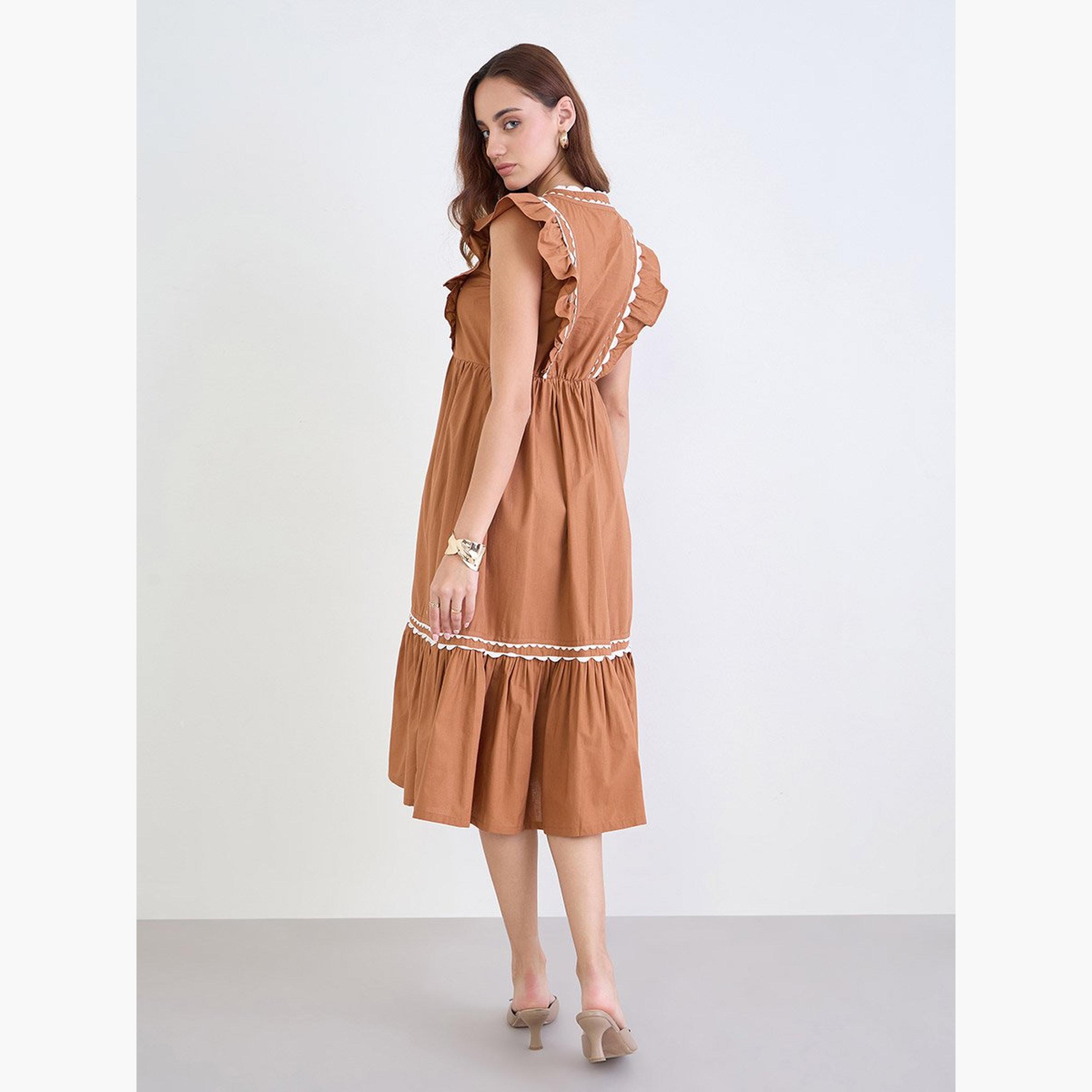 ستايلي - فستان متوسط ​​الطول بني اللون بتفاصيل كشكشة-women-clothing-dresses-image-4