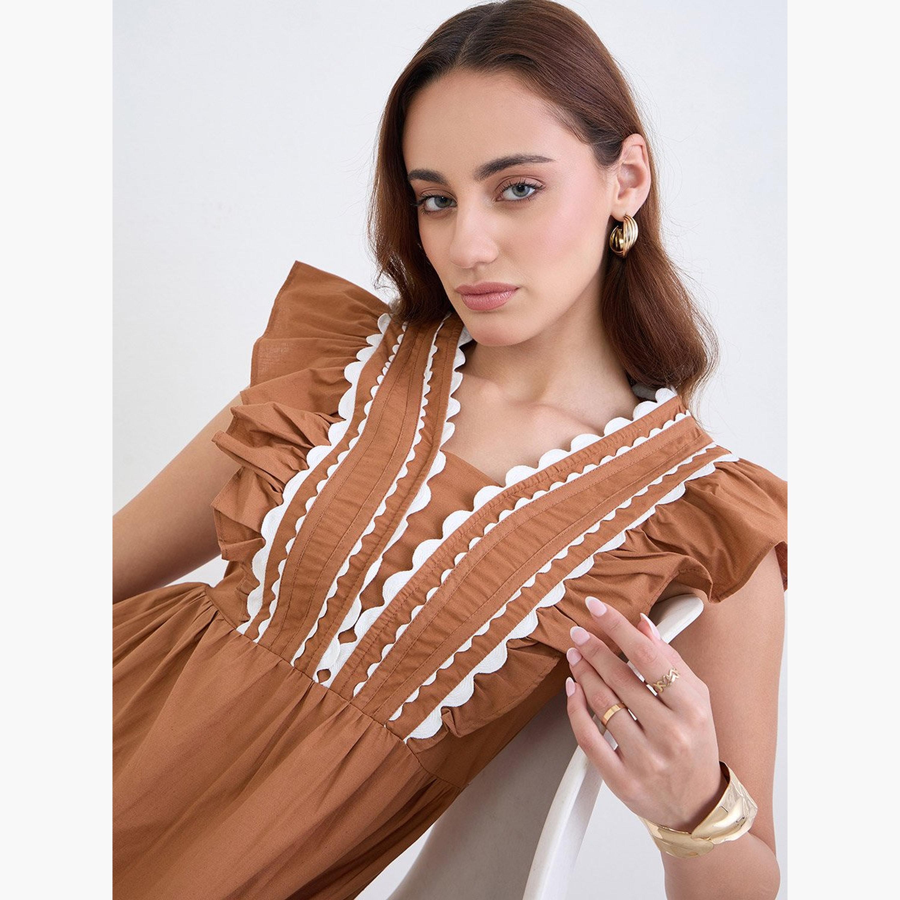 ستايلي - فستان متوسط ​​الطول بني اللون بتفاصيل كشكشة-women-clothing-dresses-image-5