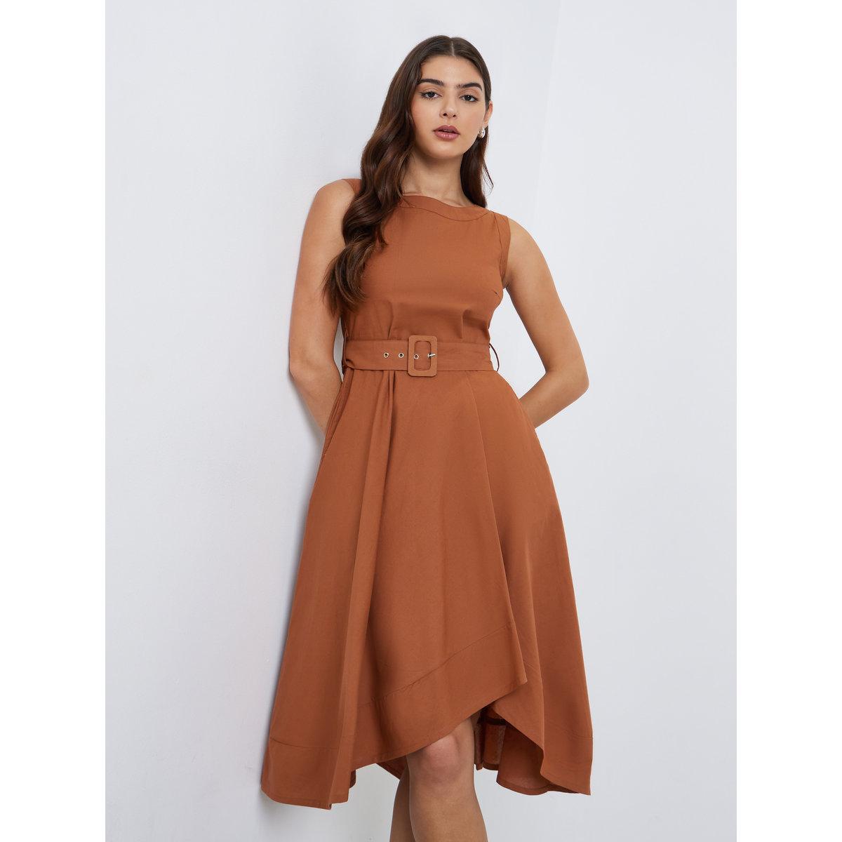 Styli Brown Sleeveless A-Line Midi Dress-women-clothing-dresses-image-2