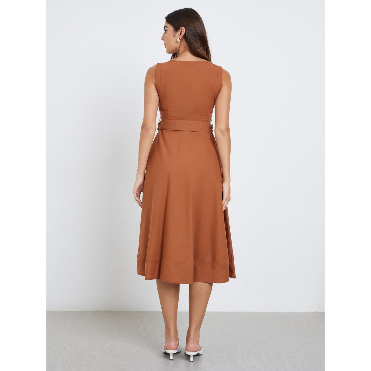 Styli Brown Sleeveless A-Line Midi Dress-women-clothing-dresses-image-4