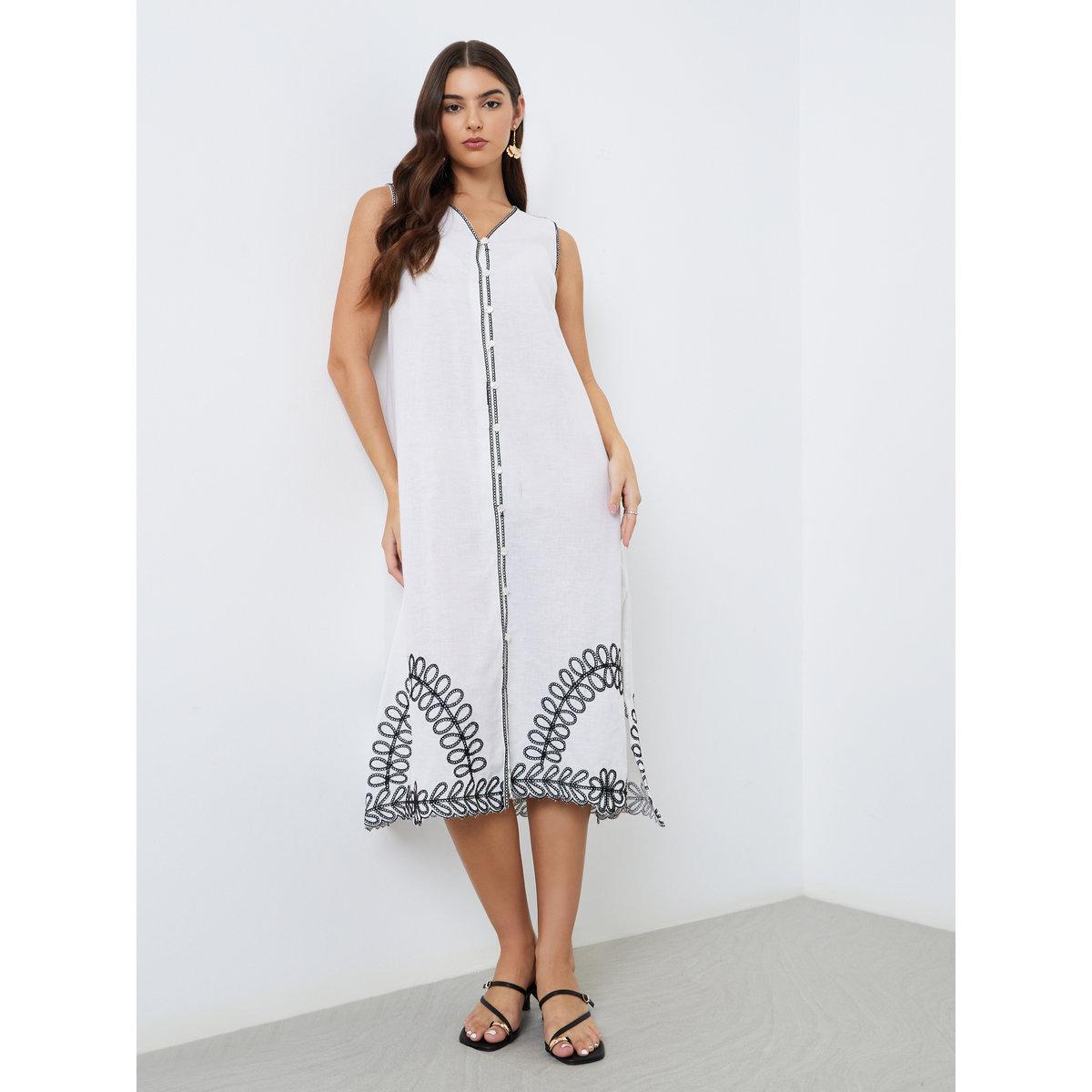 Styli Embroidered White Sleeveless Midi Dress-women-clothing-dresses-image-1