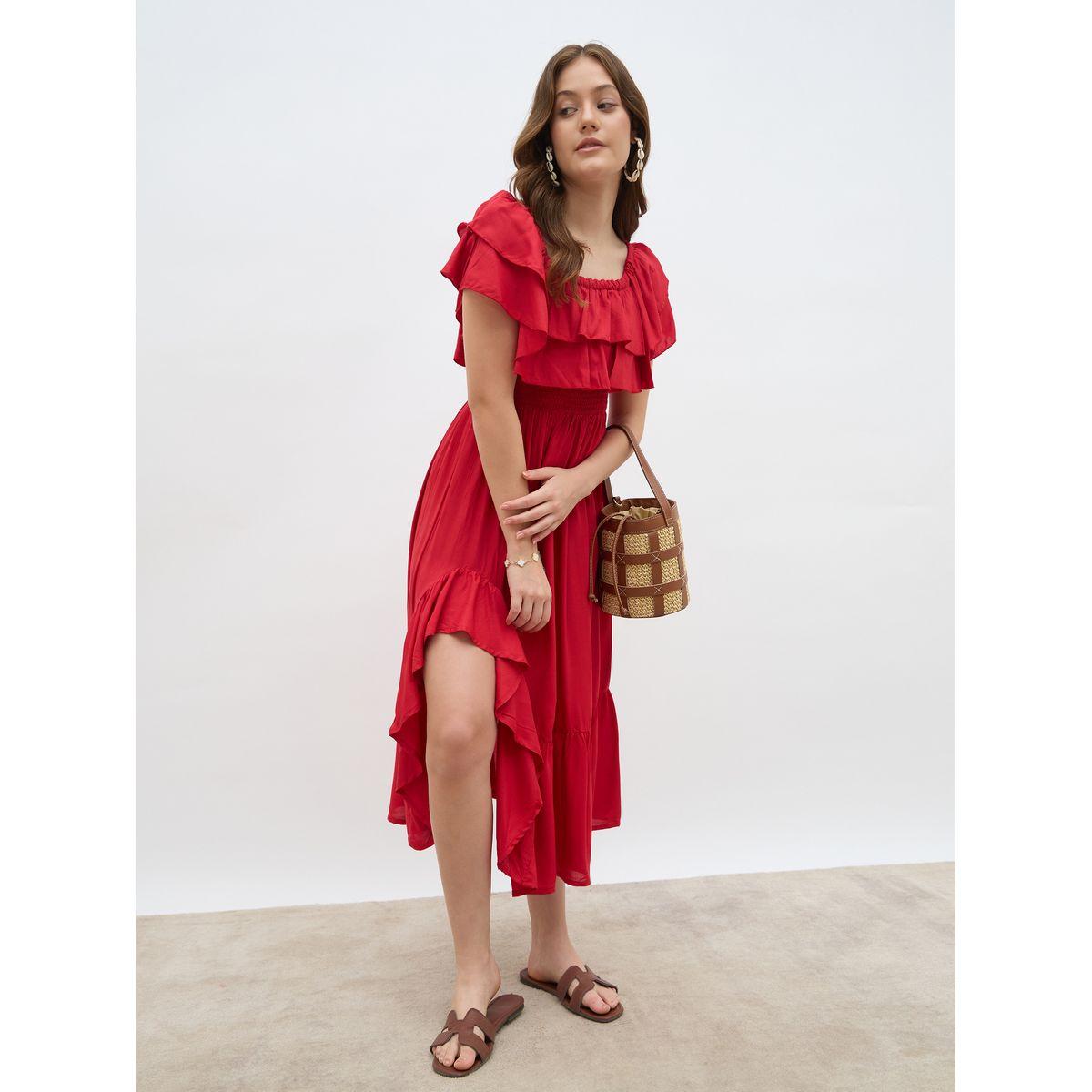 Styli Women Red Smocked Asymmetric Hem A-Line Midi Dress-women-clothing-dresses-image-1