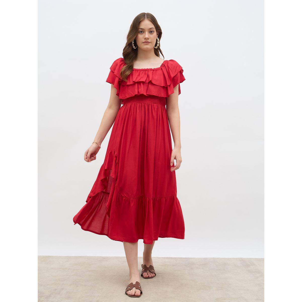 Styli Women Red Smocked Asymmetric Hem A-Line Midi Dress-women-clothing-dresses-image-2
