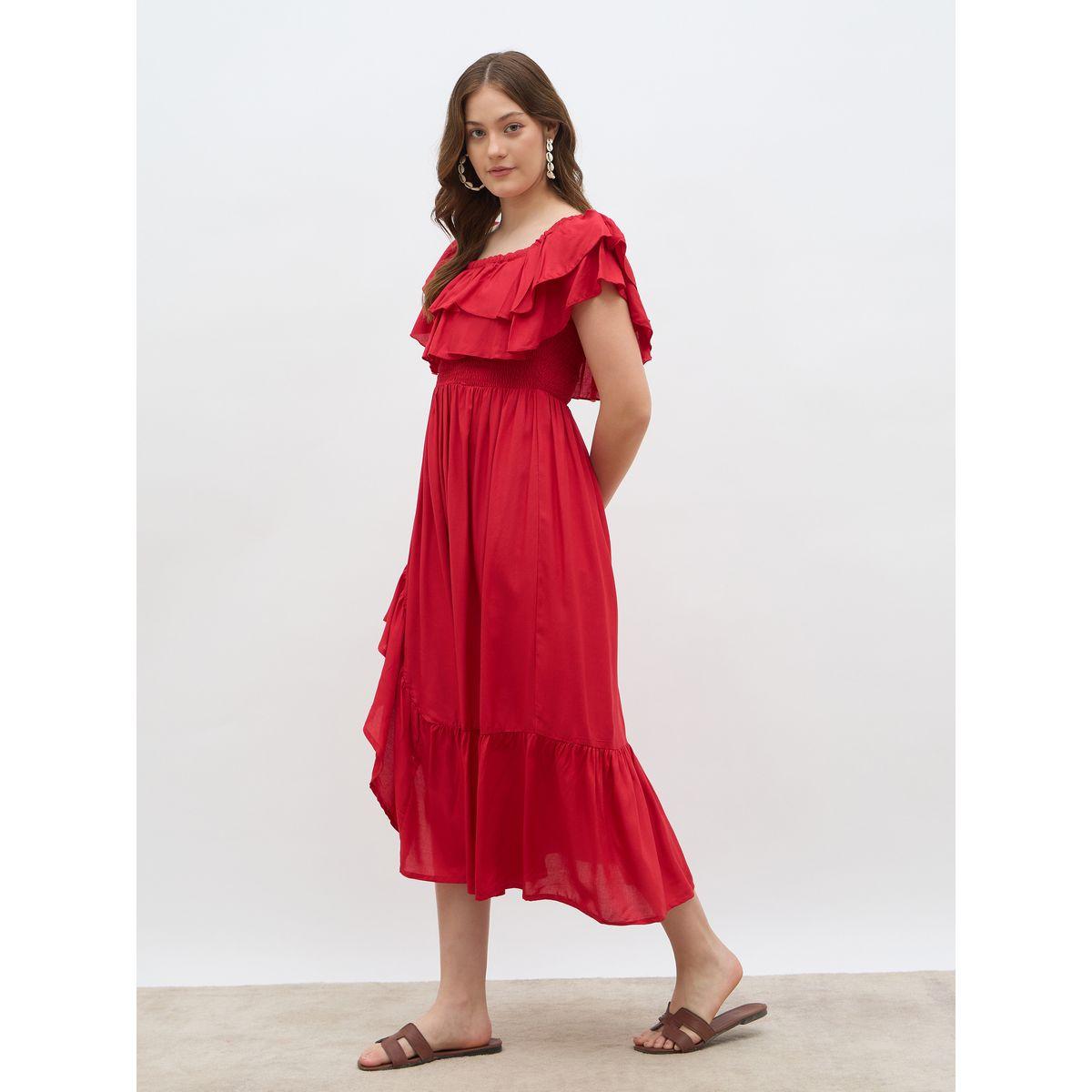 Styli Women Red Smocked Asymmetric Hem A-Line Midi Dress-women-clothing-dresses-image-3