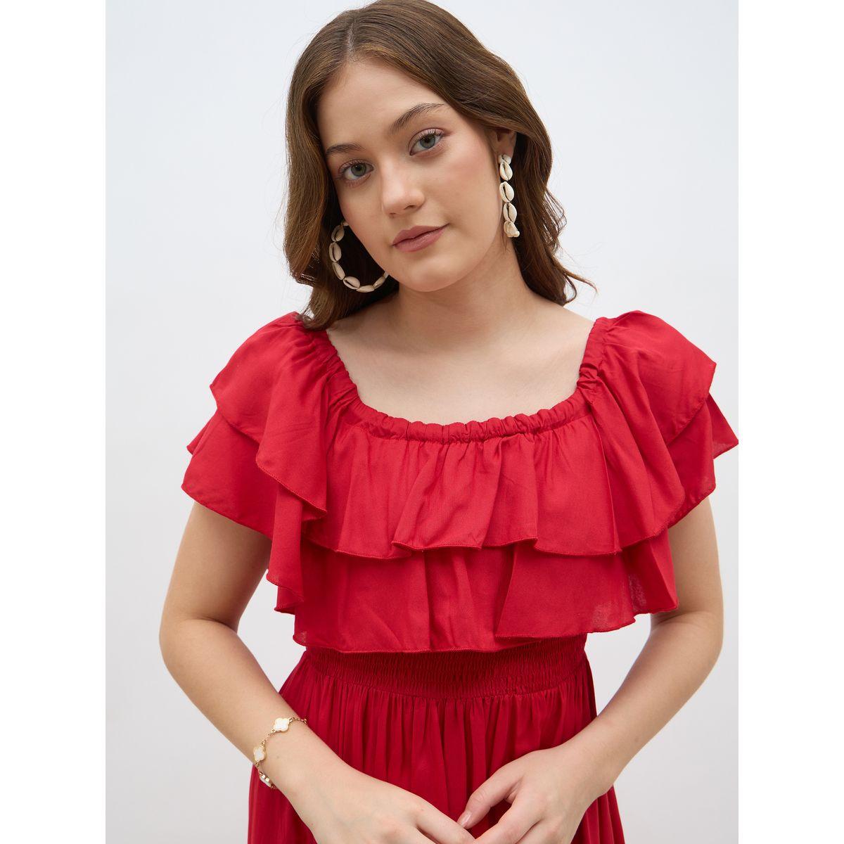 Styli Women Red Smocked Asymmetric Hem A-Line Midi Dress-women-clothing-dresses-image-4