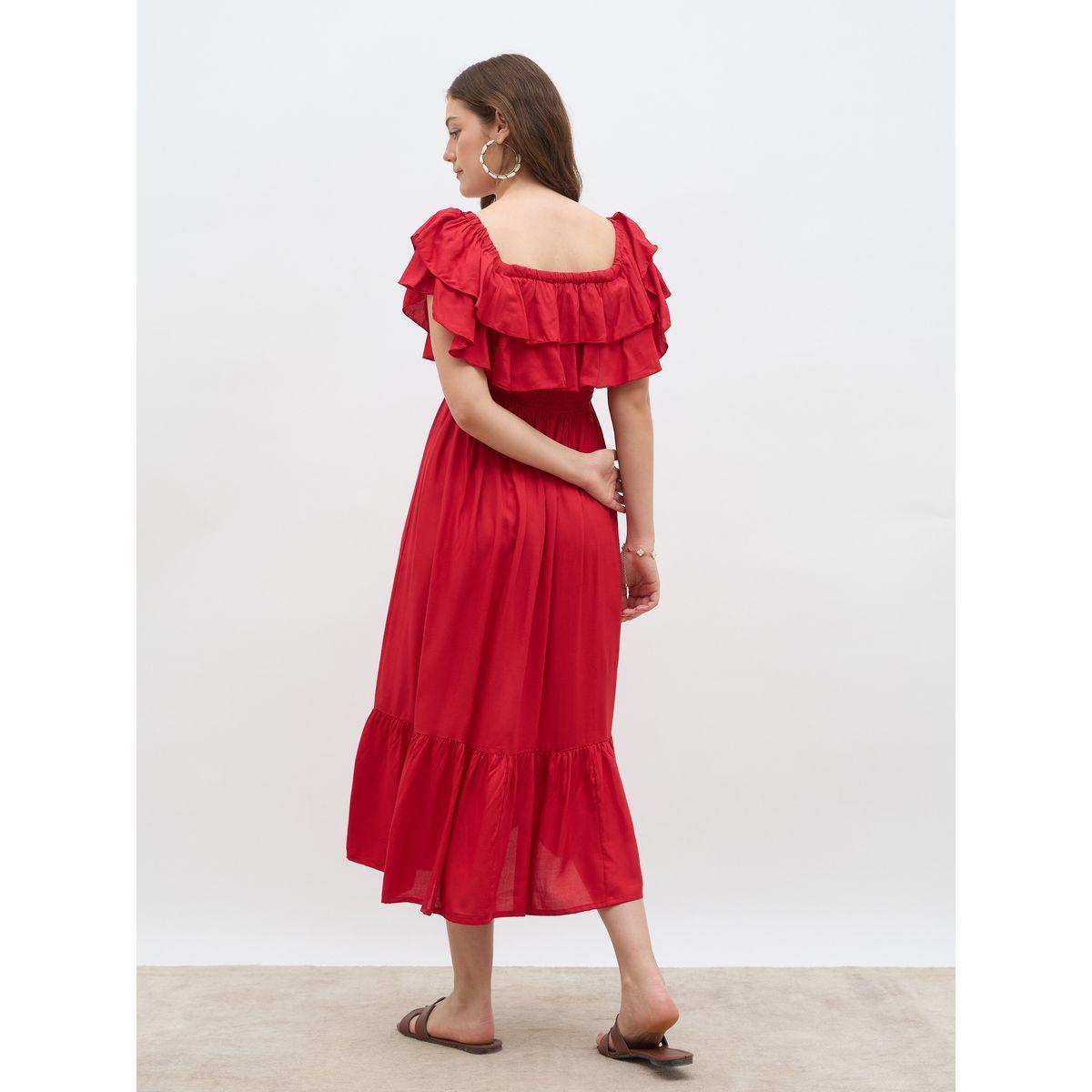 Styli Women Red Smocked Asymmetric Hem A-Line Midi Dress-women-clothing-dresses-image-5