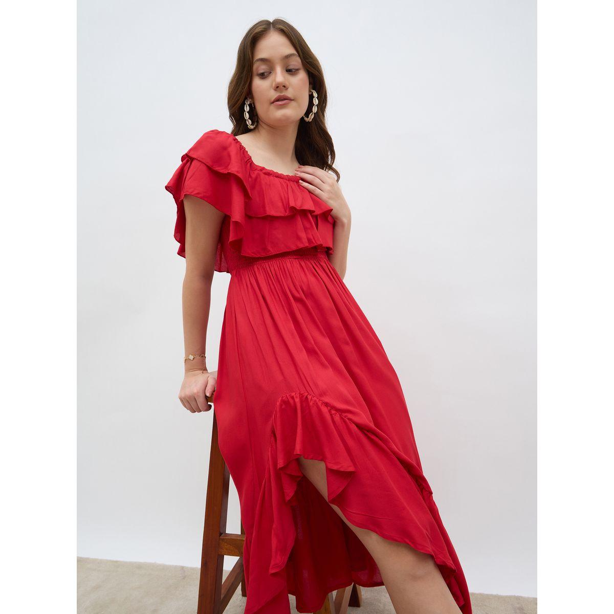 Styli Women Red Smocked Asymmetric Hem A-Line Midi Dress-women-clothing-dresses-image-6
