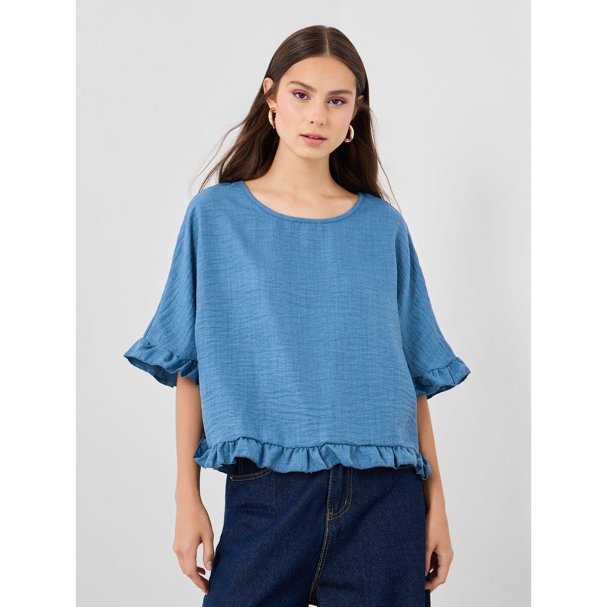 Styli Ruffled Hem Short Sleeve Round Neck Blouse-women-clothing-shirtsandblouses-blouses-image-1